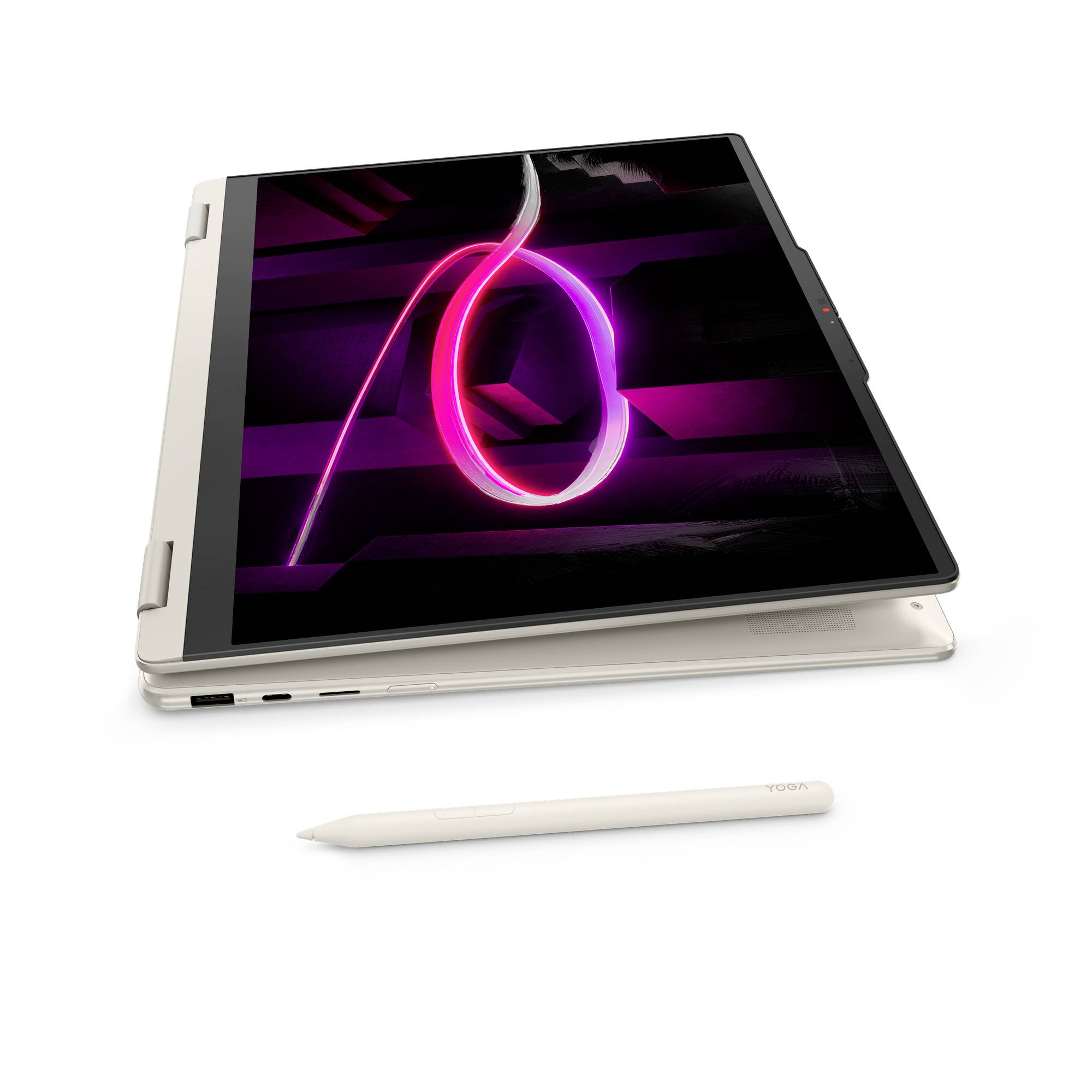 Ein Lenovo Yoga-Tablet im Zeltmodus mit einem Stylus darunter, das eine abstrakte leuchtend violette Grafik auf dem Bildschirm anzeigt.