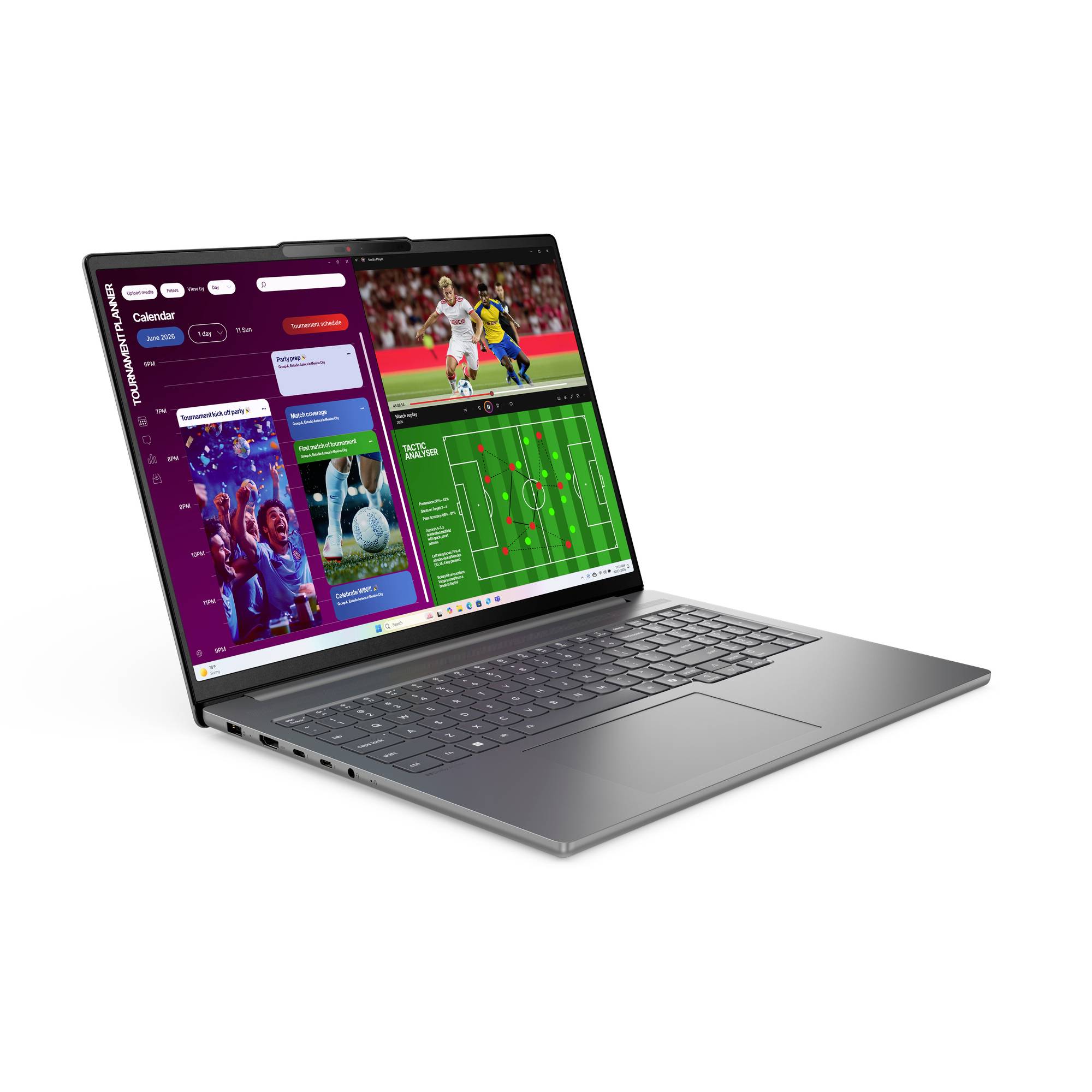 Silberner Laptop mit einem Sports-Dashboard auf dem Bildschirm, das einen Kalender, ein Fußballspiel-Foto und eine grüne taktische Feldgrafik mit Spielerpositionen zeigt.
