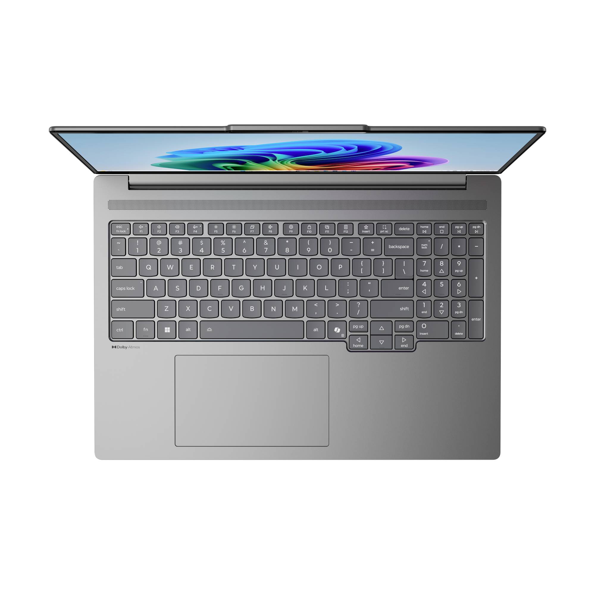 Draufsicht auf einen offenen grauen Laptop mit einer großen Tastatur und einem Touchpad, der einen farbenfrohen abstrakten Bildschirm auf weißem Hintergrund zeigt.