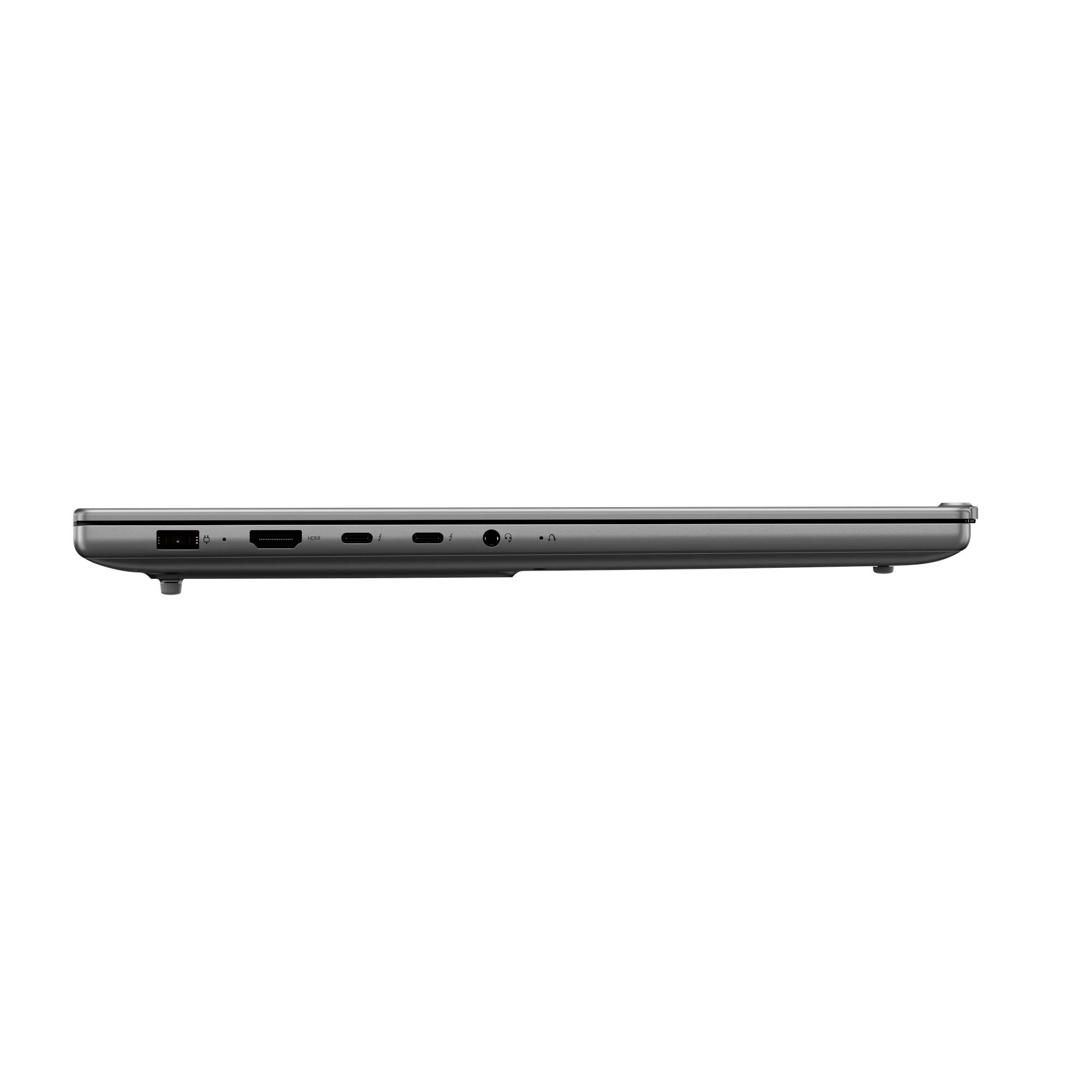 Seitenansicht eines geschlossenen silbernen Laptops mit der linken Kante mit Anschlüssen und Lüftungsöffnungen auf weißem Hintergrund.