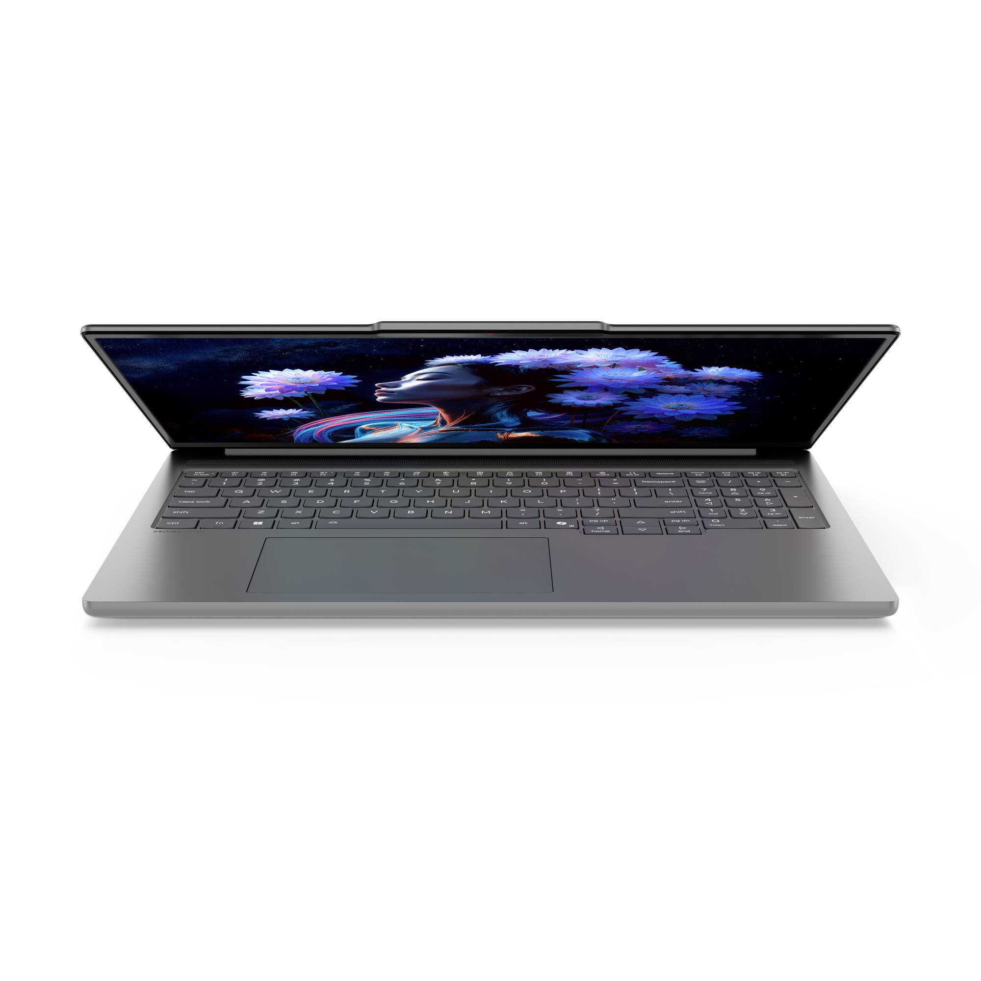 Offener Laptop-Computer mit großem Display, das ein buntes abstraktes Bild auf weißem Hintergrund anzeigt.