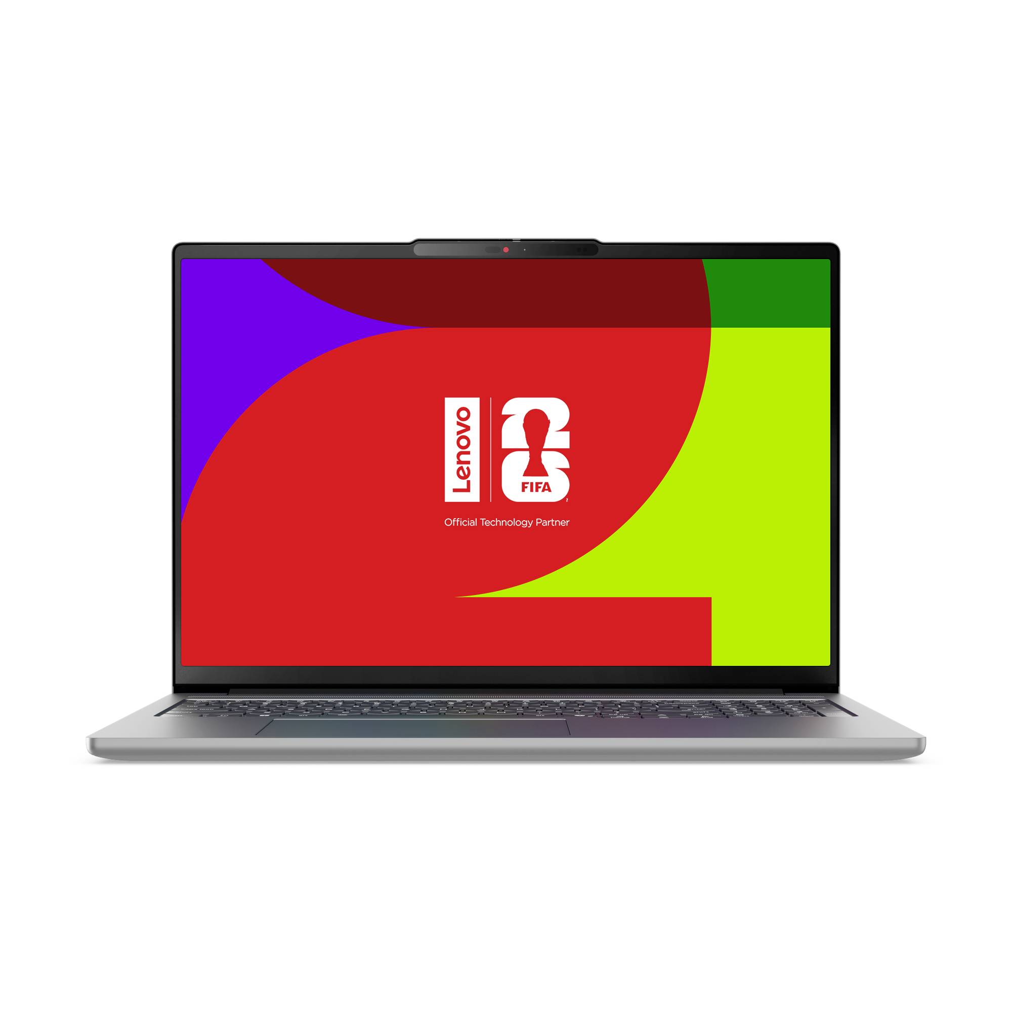 Laptop mit farbenfrohem Lenovo- und FIFA-Offizieller-Technologiepartner-Branding auf dem Bildschirm.