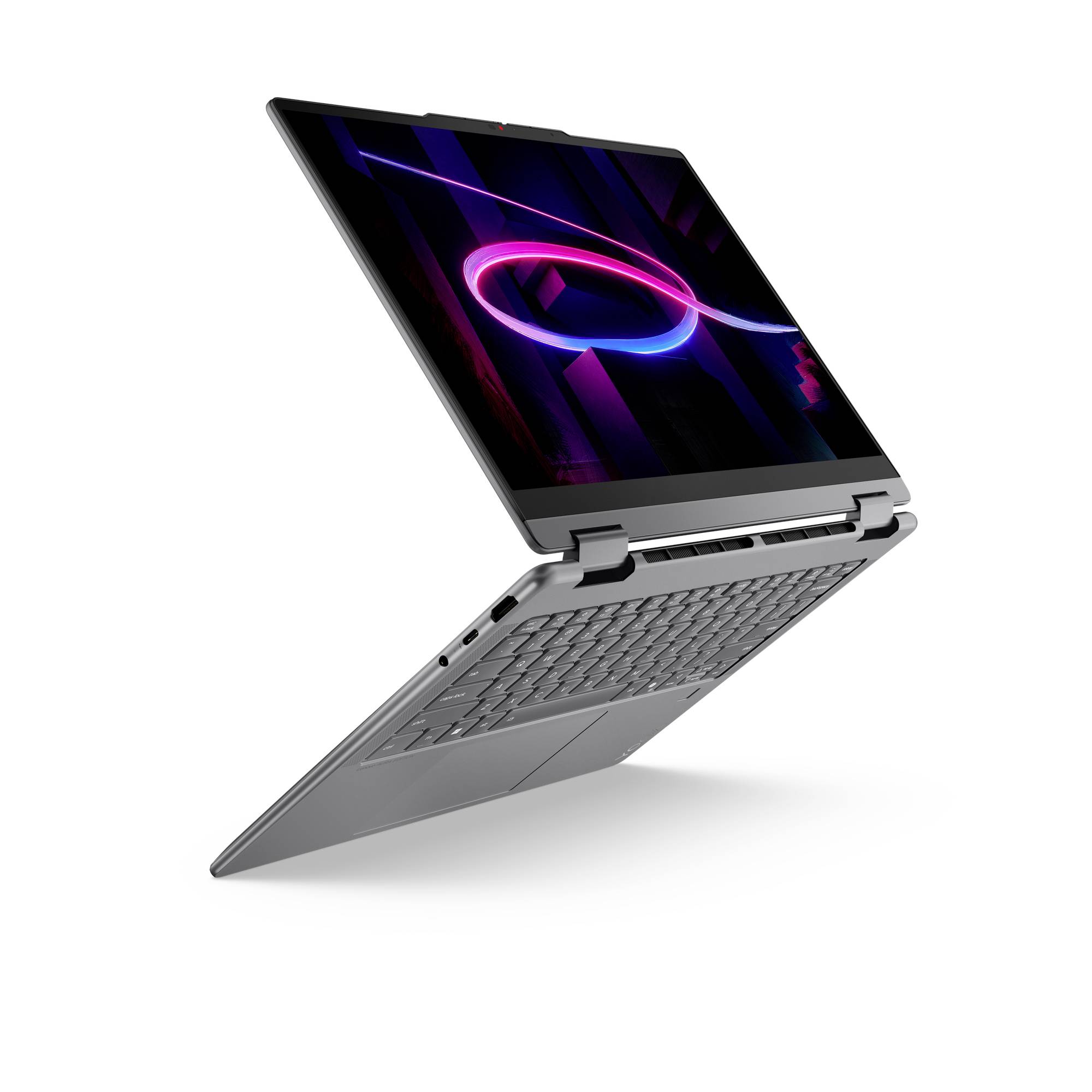 Ein schlankes graues 2-in-1-Laptop, das teilweise im Zeltmodus geöffnet gezeigt wird und ein neonviolettes und rosa abstraktes Grafikbild auf dem Bildschirm anzeigt.