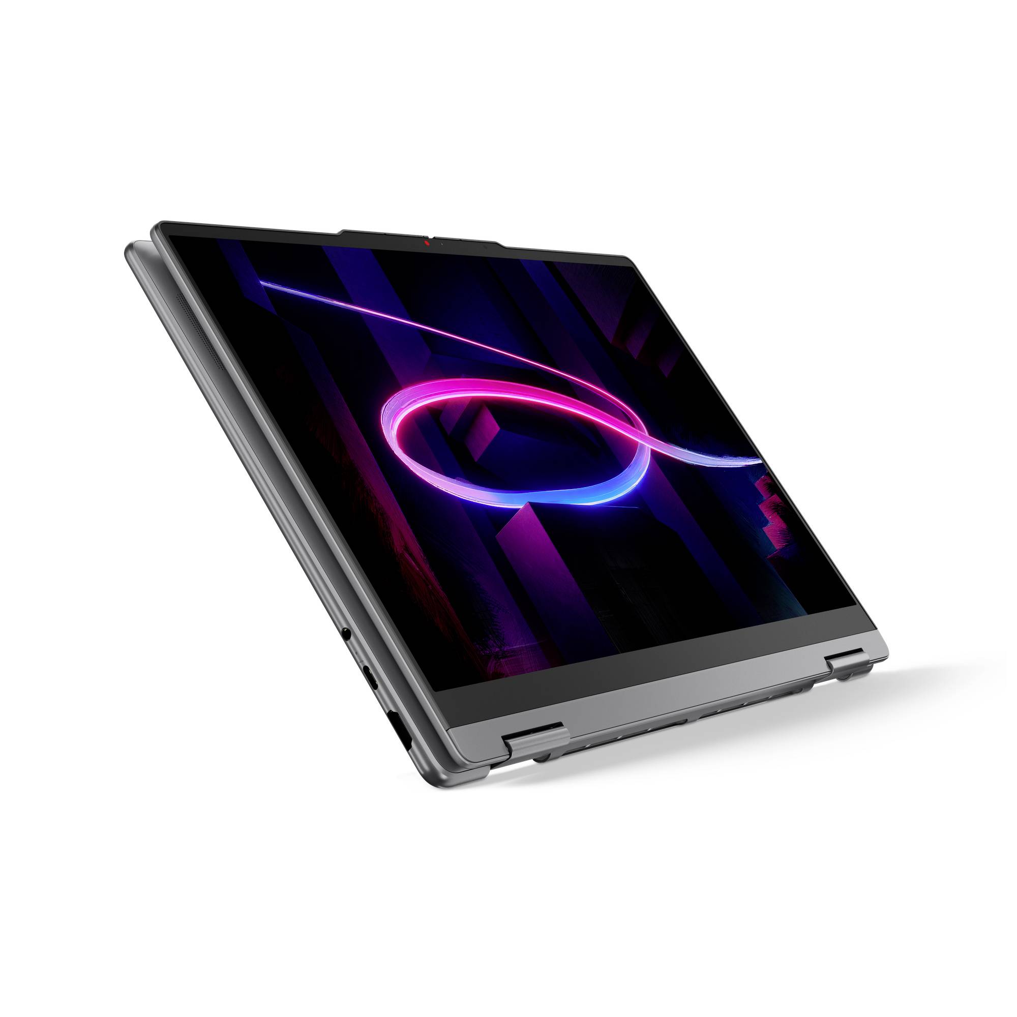 Zusammengeklappter 2-in-1-Laptop/Tablet in schräger Ansicht mit einer neonpurpurfarbenen und rosa abstrakten Tapete auf dem Bildschirm.