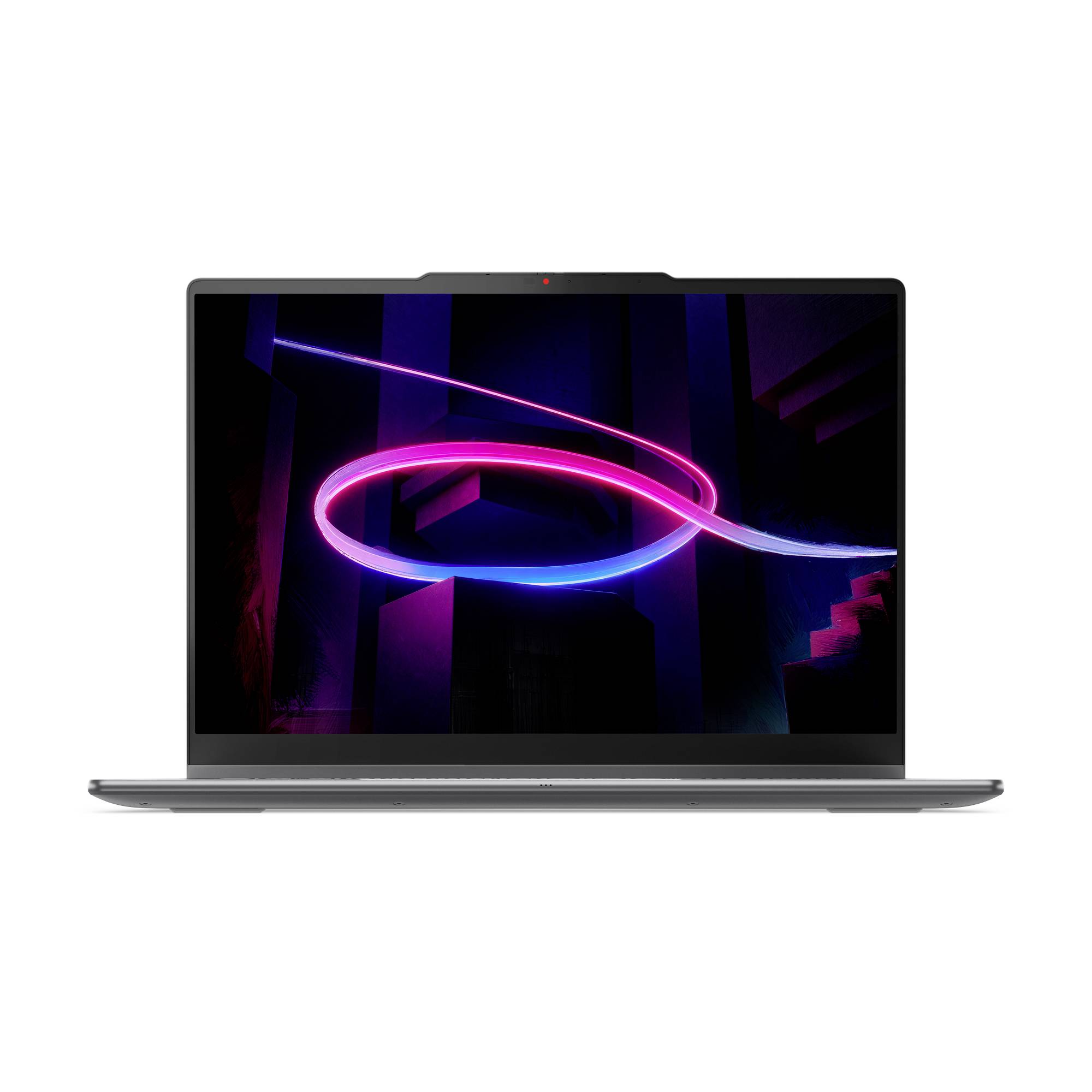 Laptop mit dunklem Bildschirm, auf dem eine neonpink und blau leuchtende abstrakte Lichtschleife auf weißem Hintergrund angezeigt wird.