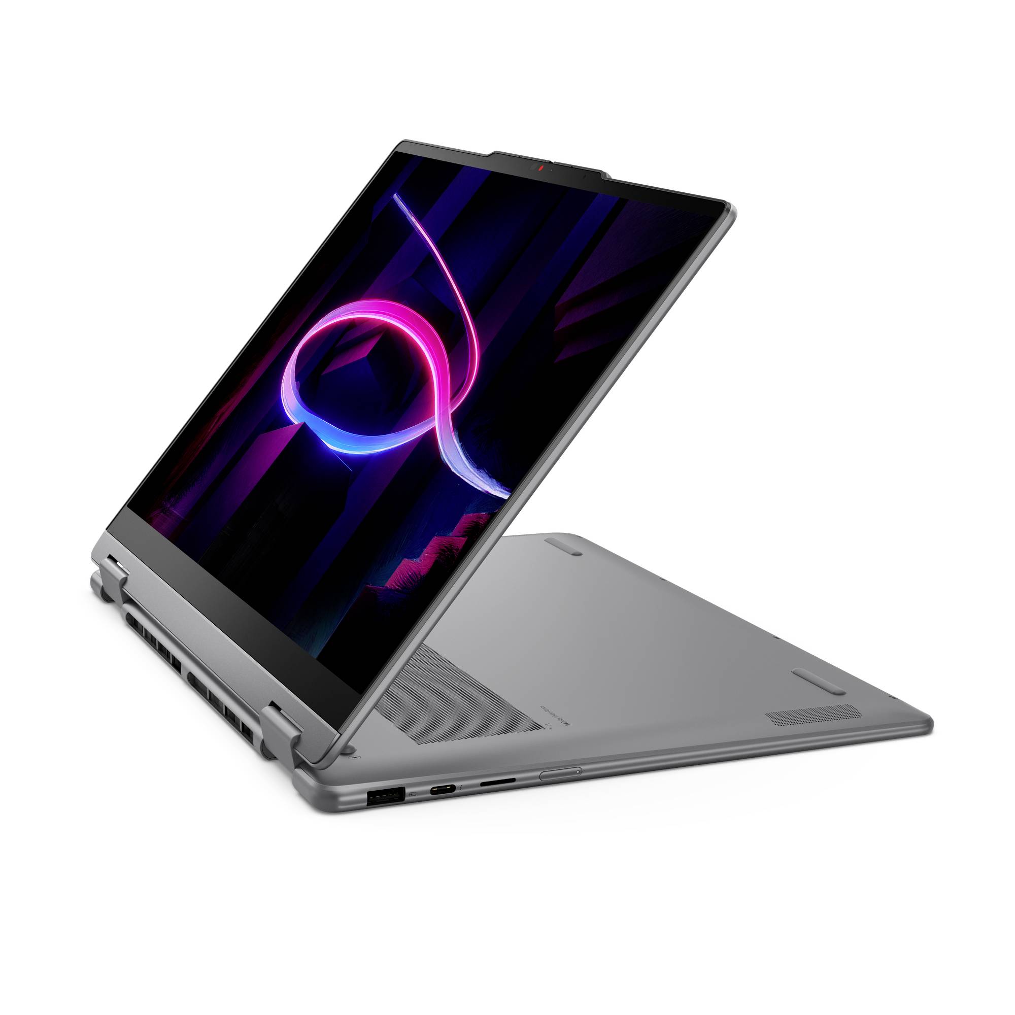 Silberner 2-in-1-Laptop im Zeltmodus, wobei der Touchscreen eine neon-abstrakte Tapete anzeigt.