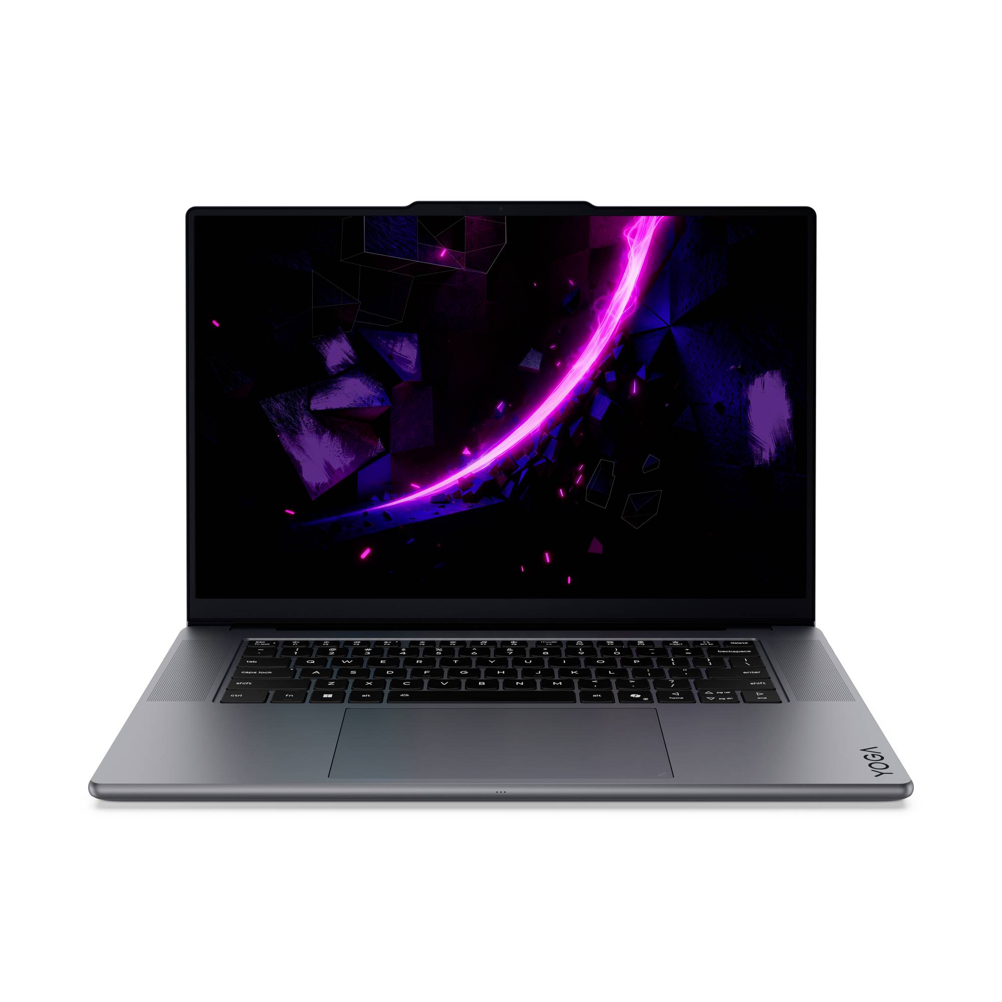Silberner Laptop offen auf weißem Hintergrund, wobei auf dem Bildschirm eine dunkle, abstrakte, leuchtende Tapete in Lila und Rosa angezeigt wird.