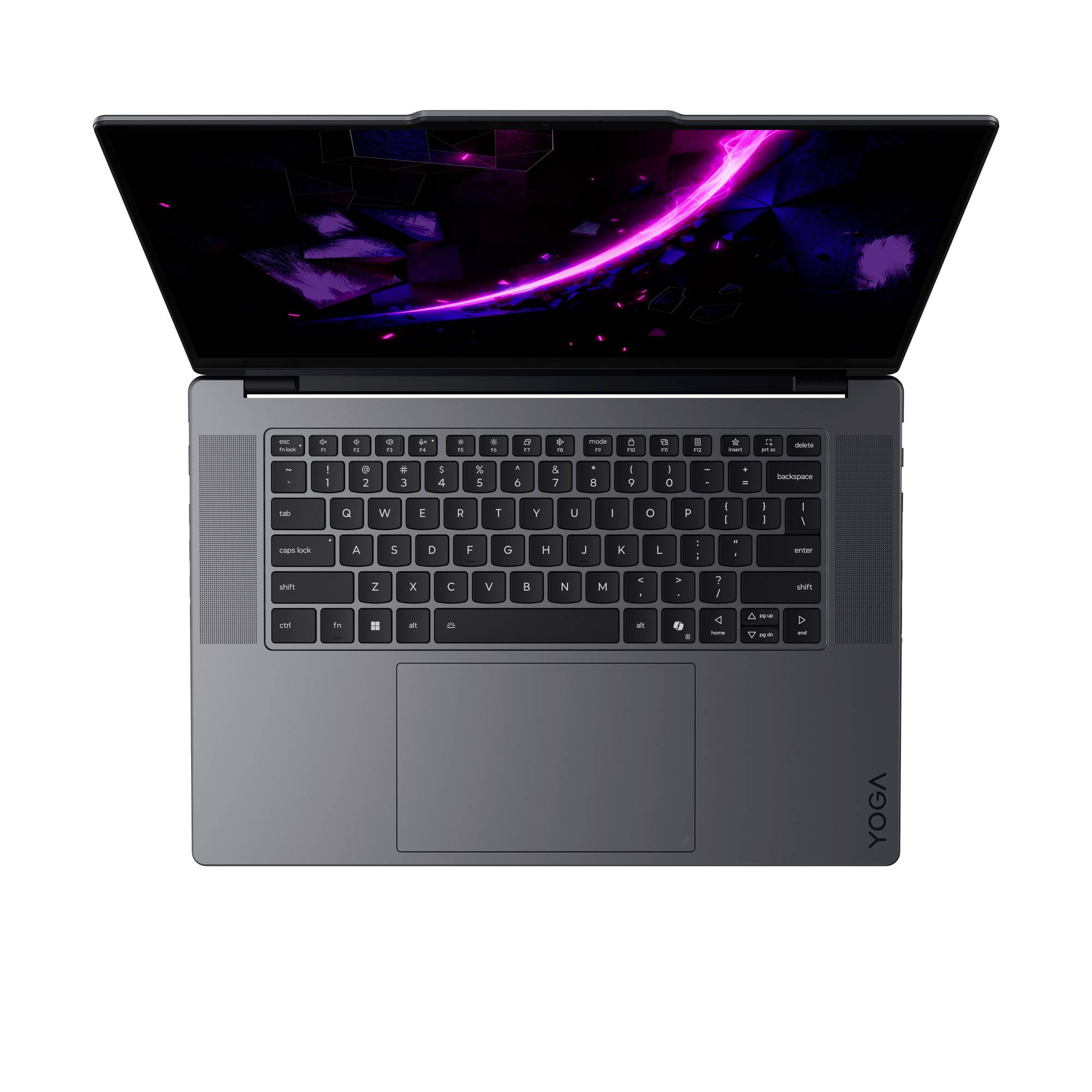 Laptop von oben betrachtet mit einem violetten abstrakten Licht auf dem Bildschirm und einer grauen Tastatur/Trackpad; VGOA-Logo an der rechten Kante.