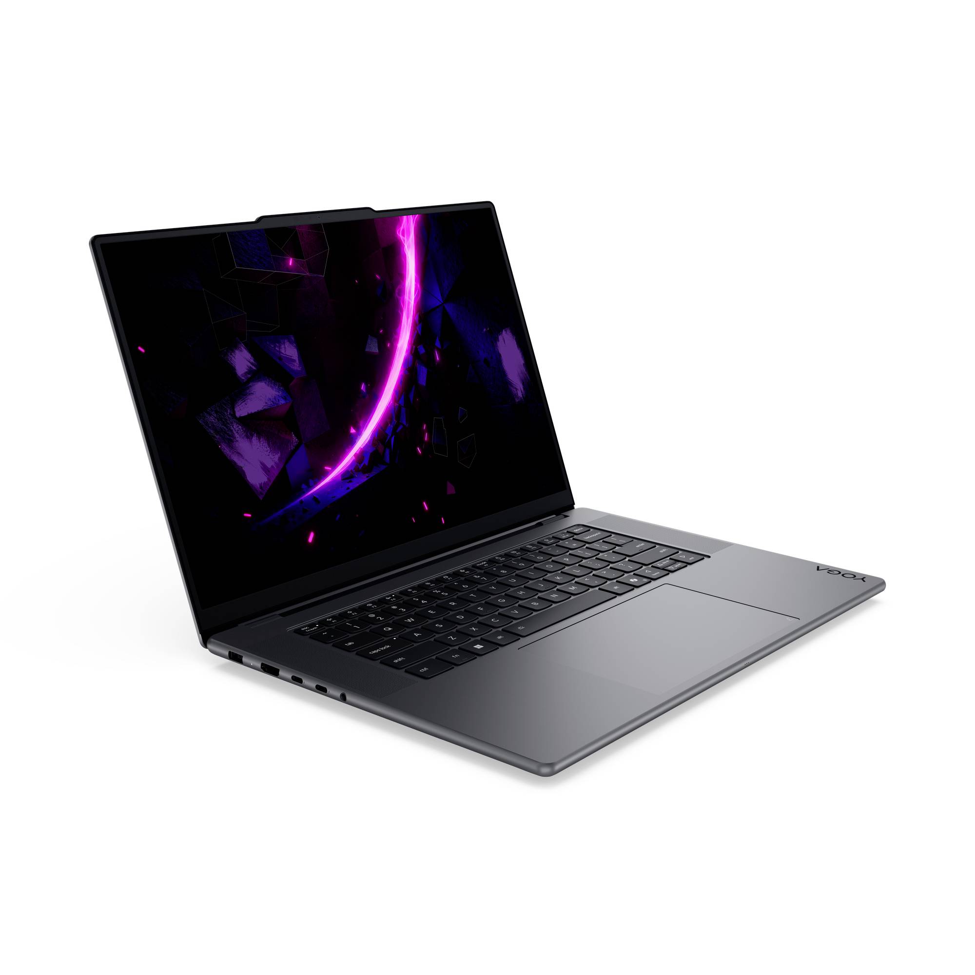 Offener grauer Laptop mit dunklem Bildschirm, auf dem eine purpurrote neon-abstrakte Grafik auf weißem Hintergrund angezeigt wird.