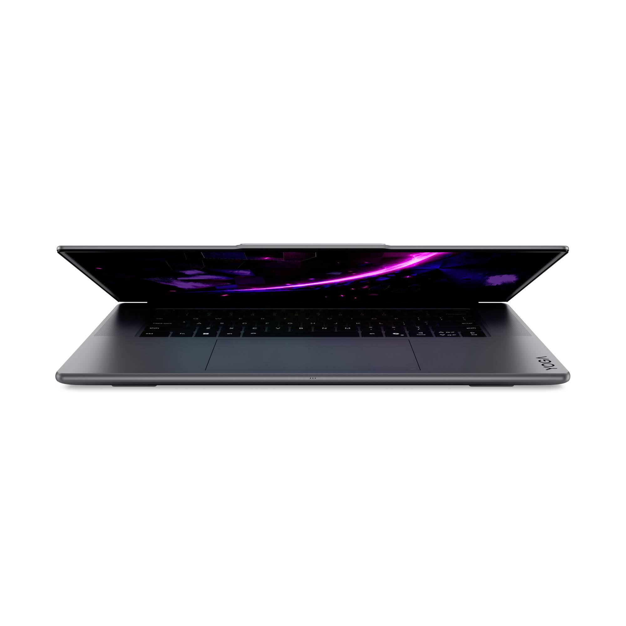 Laptop mit dunklem Bildschirm, auf dem eine purpurrote abstrakte Welle auf weißem Hintergrund angezeigt wird.