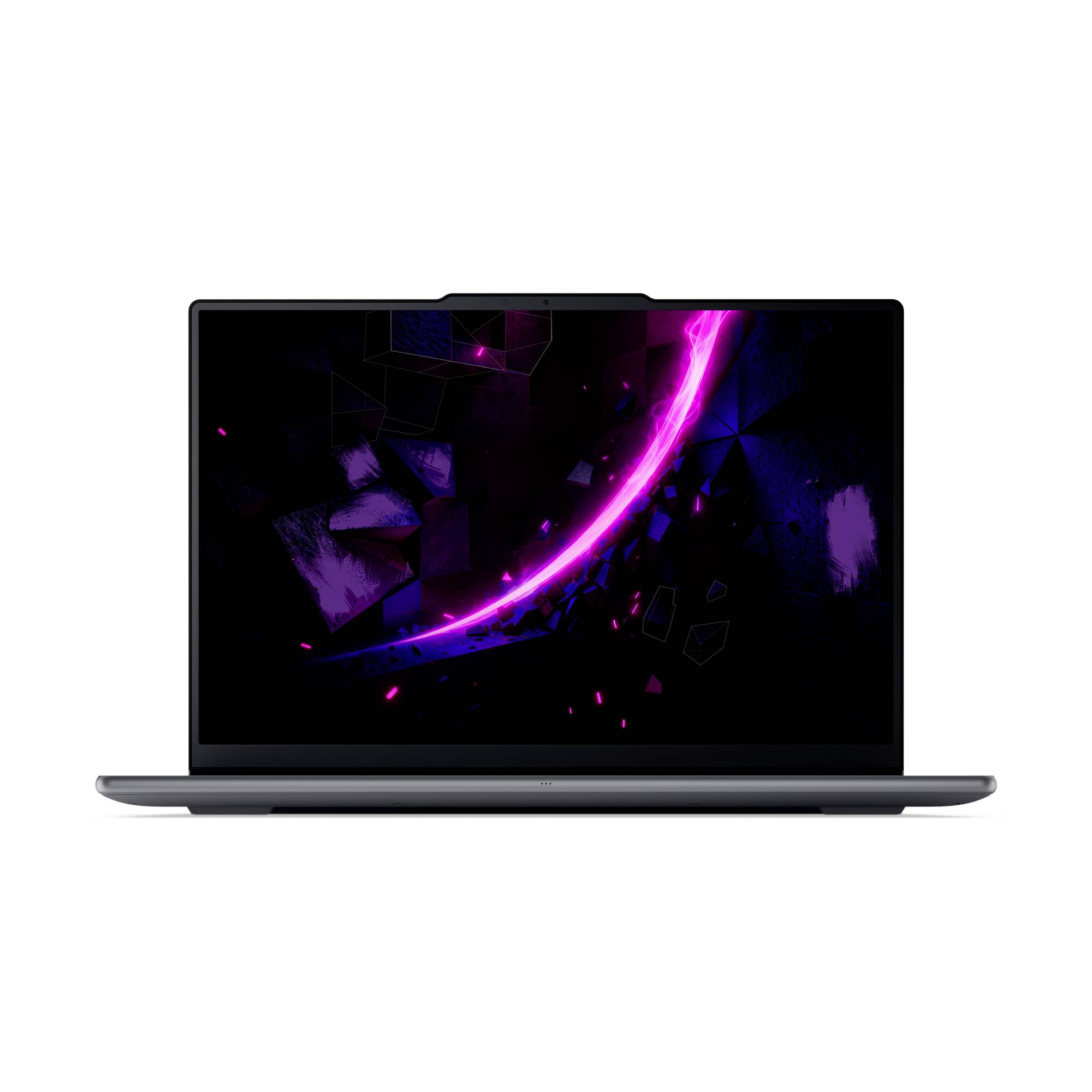 Ein Laptop auf weißem Hintergrund zeigt einen dunklen abstrakten Hintergrund mit einer hellrosa-violetten gebogenen Lichtspur.