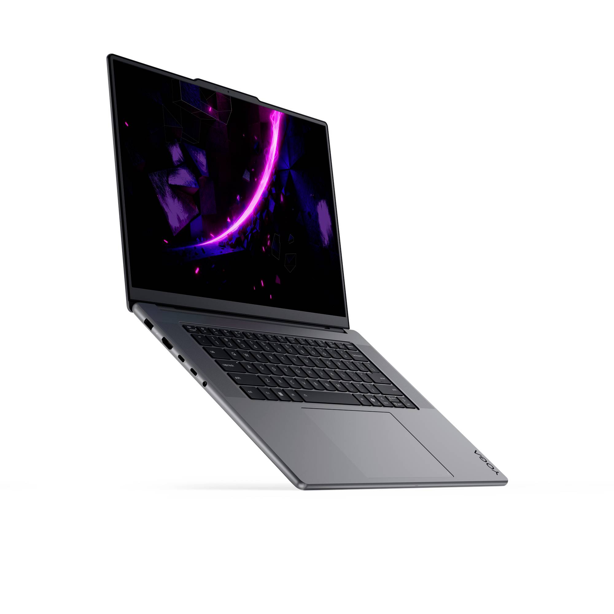 Silberner Laptop in einem Winkel geöffnet, zeigt einen dunklen Bildschirm mit einem lila Neon-Bogen auf weißem Hintergrund.