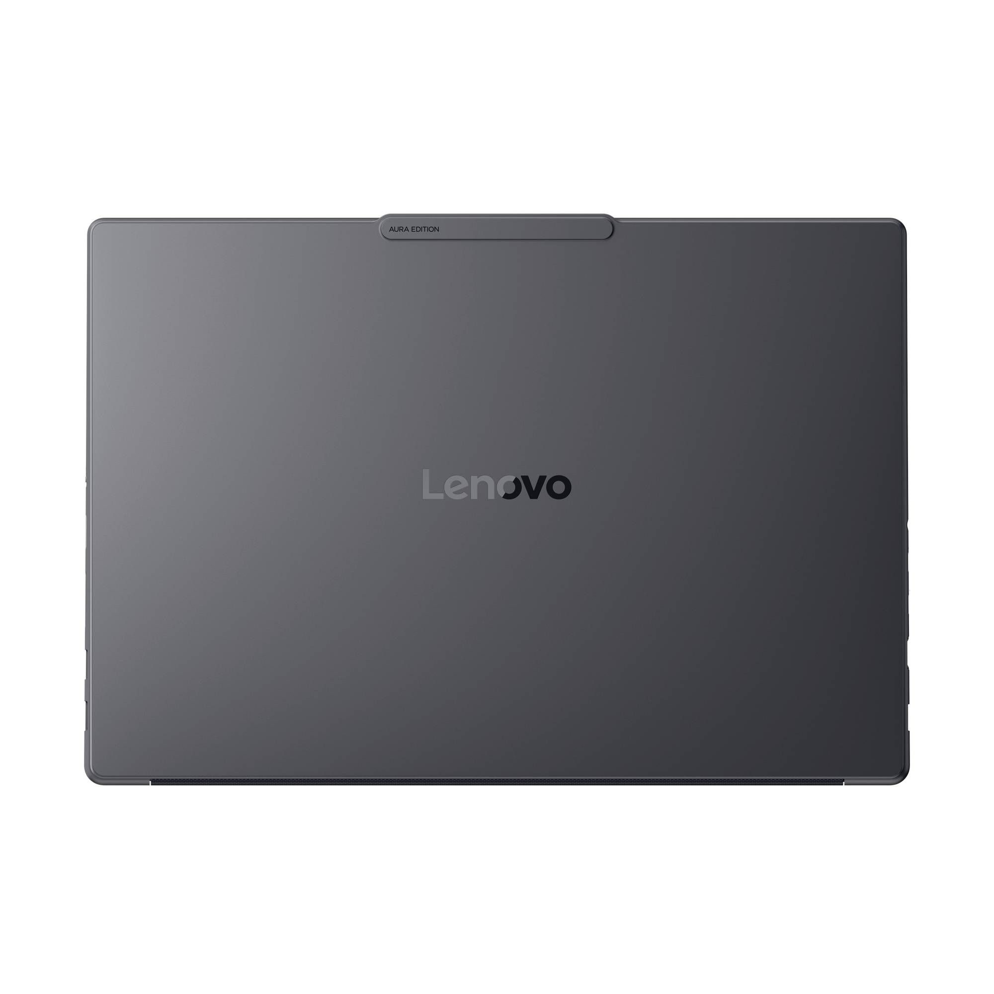 Geschlossener dunkelgrauer Lenovo-Laptop, von hinten gezeigt, mit zentriertem Lenovo-Logo und einer kleinen oberen Kameraabdeckung.