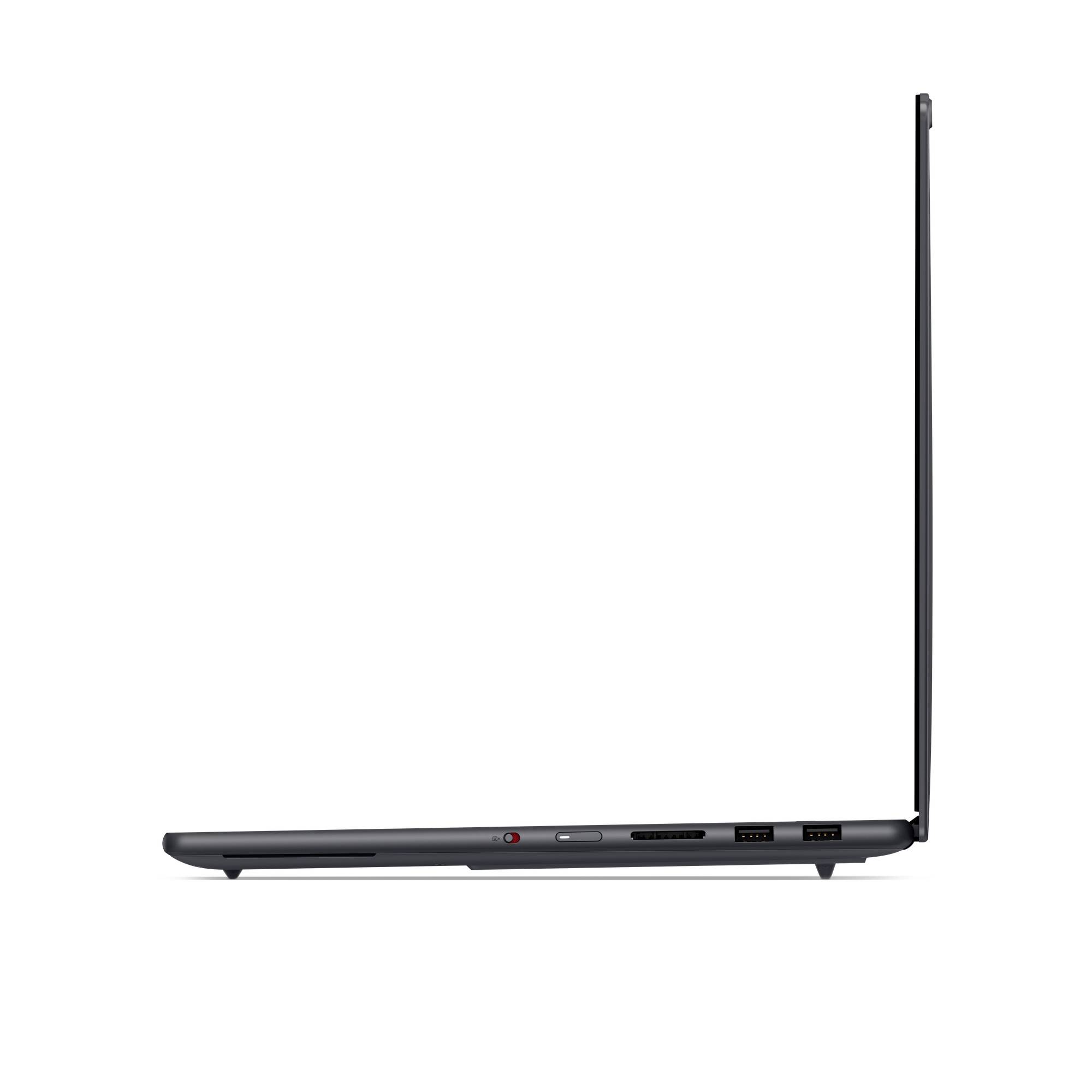 Seitenansicht eines offenen schwarzen Laptops mit schlankem Profil, Tastaturbasis und aufrechtem Bildschirm auf weißem Hintergrund.