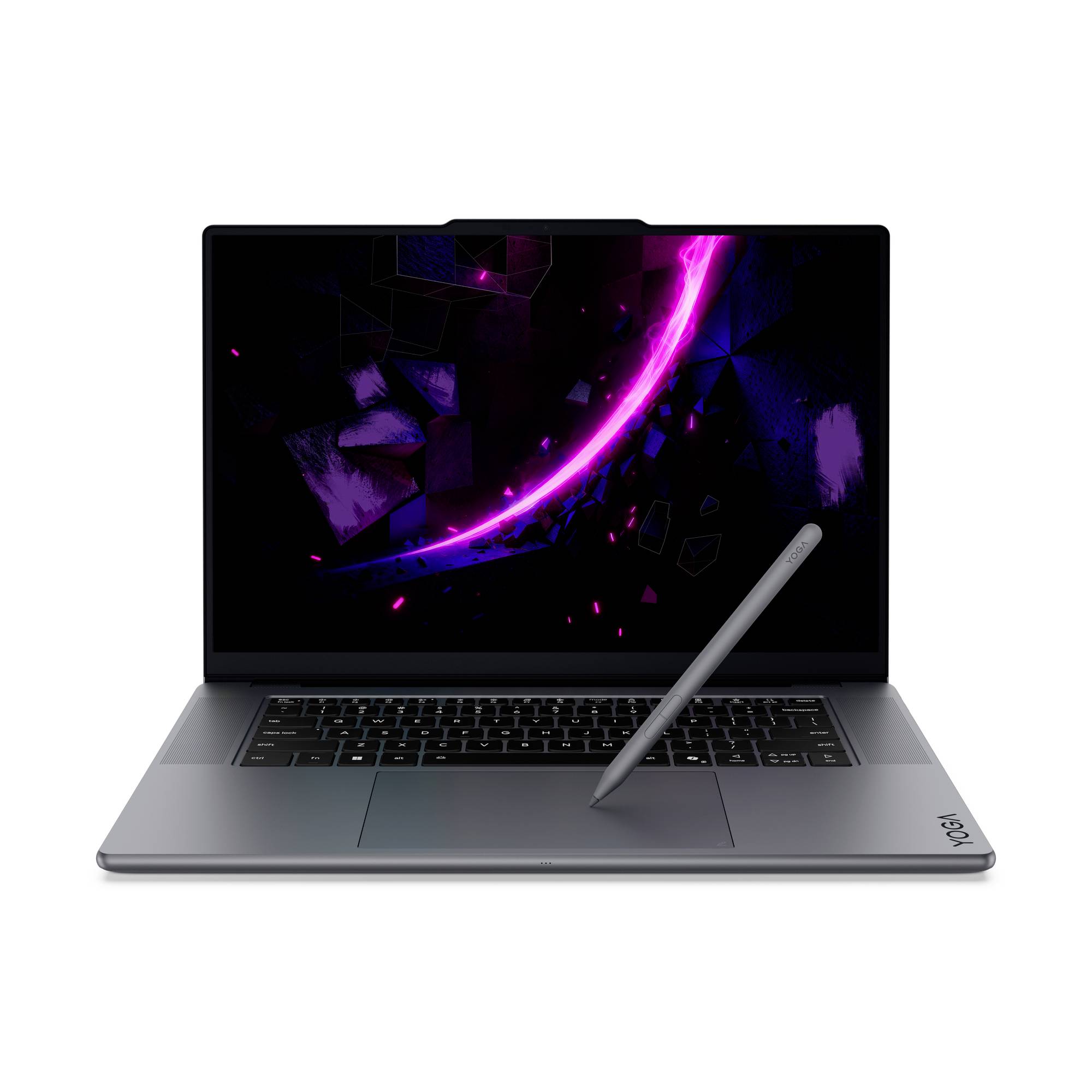 Silberner Laptop mit einem Stift, der über das Touchpad schwebt, auf dem Bildschirm wird eine violette abstrakte Grafik auf dunklem Hintergrund angezeigt.