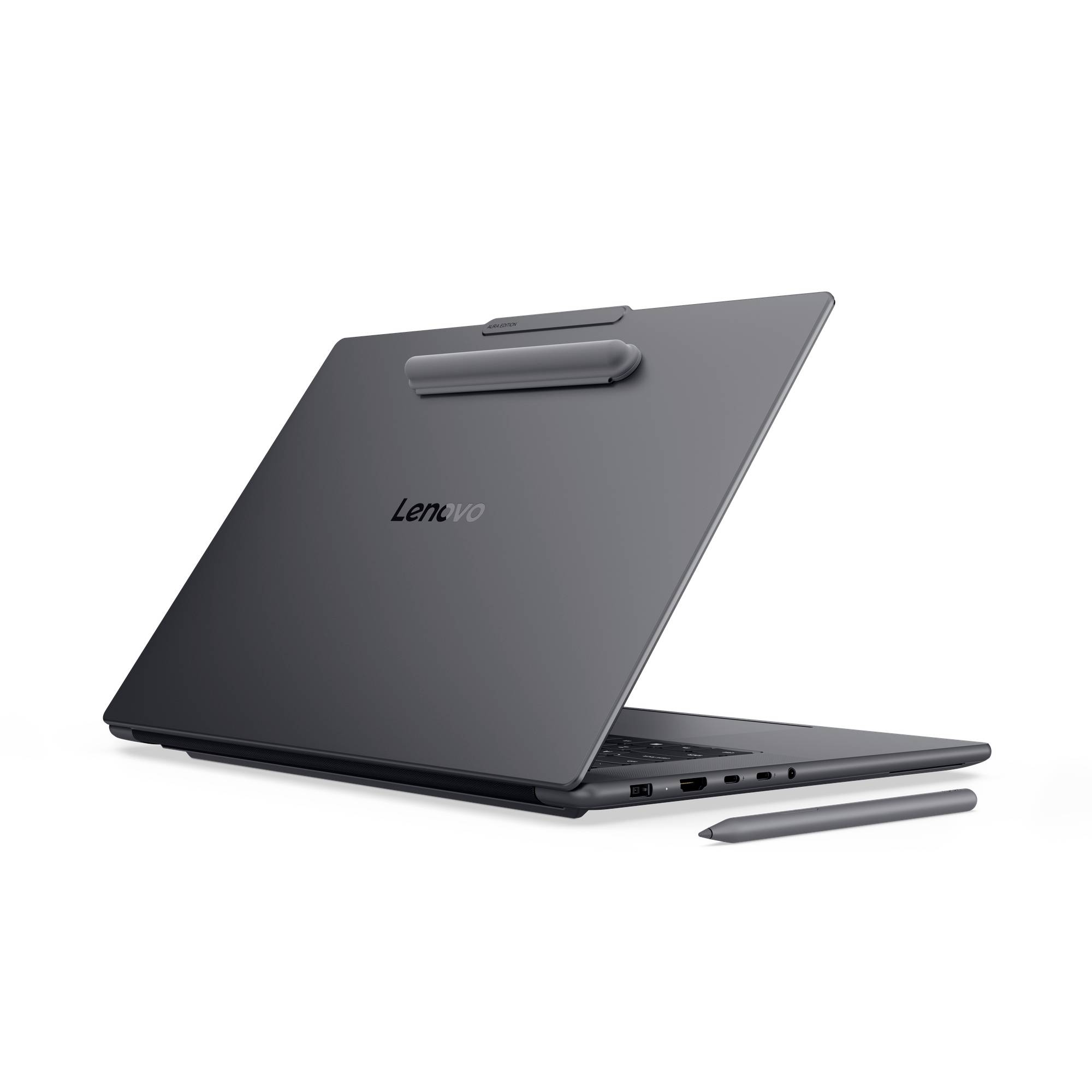 Lenovo Laptop im Tablet-Modus mit Stylus, zeigt die Rückseite und die teilweise geöffnete Tastaturablage auf weißem Hintergrund.