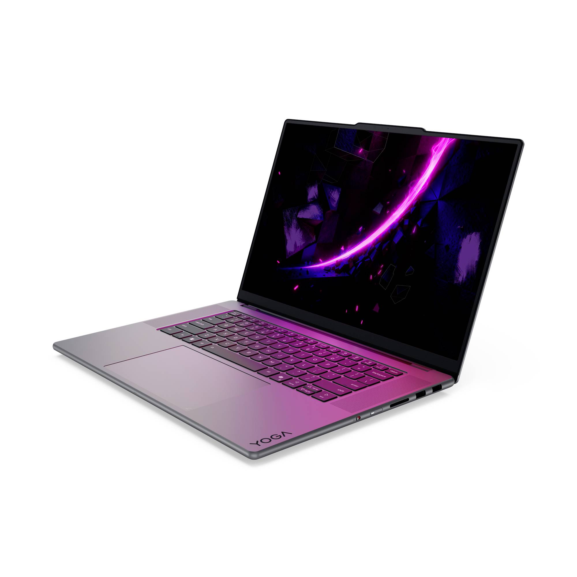 Öffnen Sie einen silbernen und magentafarbenen Lenovo Yoga-Laptop mit lila abstraktem Hintergrundbild auf dem Bildschirm.