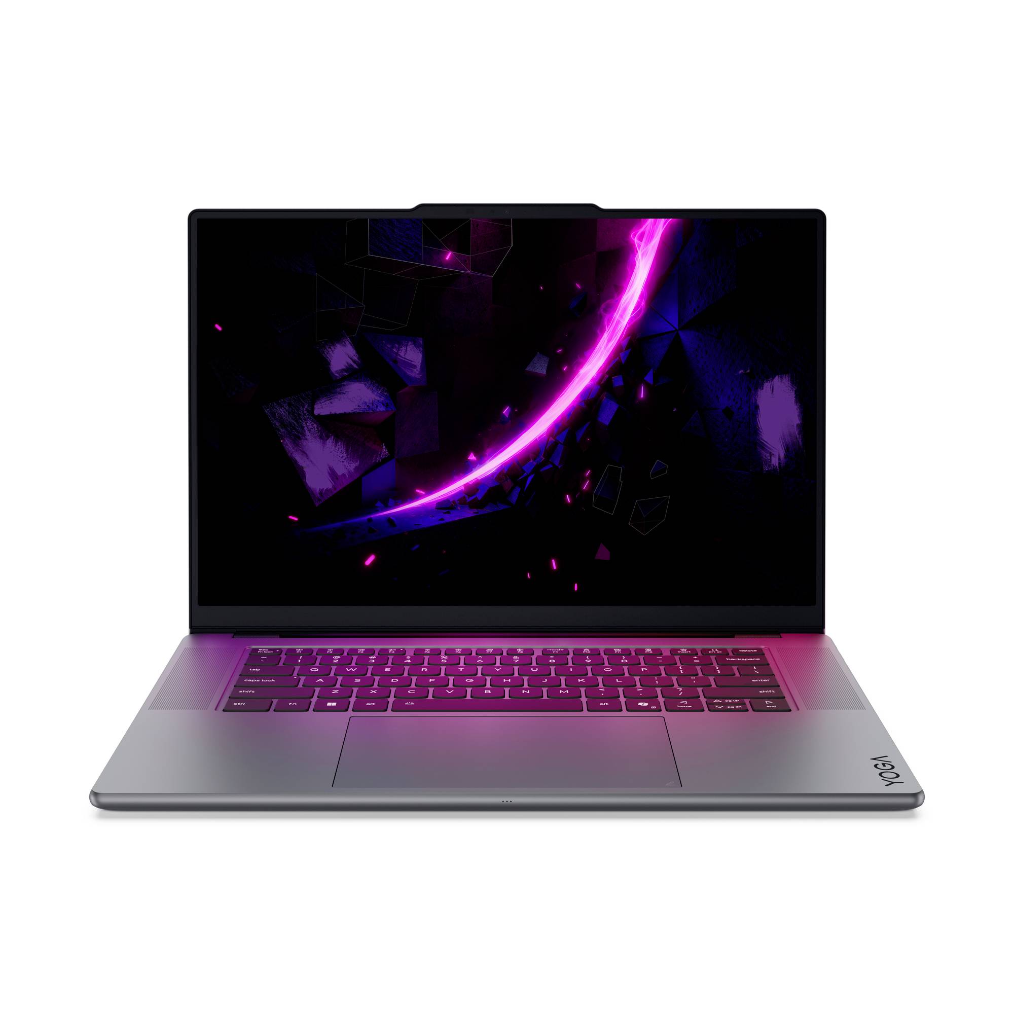 Silberner Laptop mit einem leuchtenden violetten abstrakten Hintergrundbild auf dem Bildschirm, geöffnet auf weißem Hintergrund dargestellt.