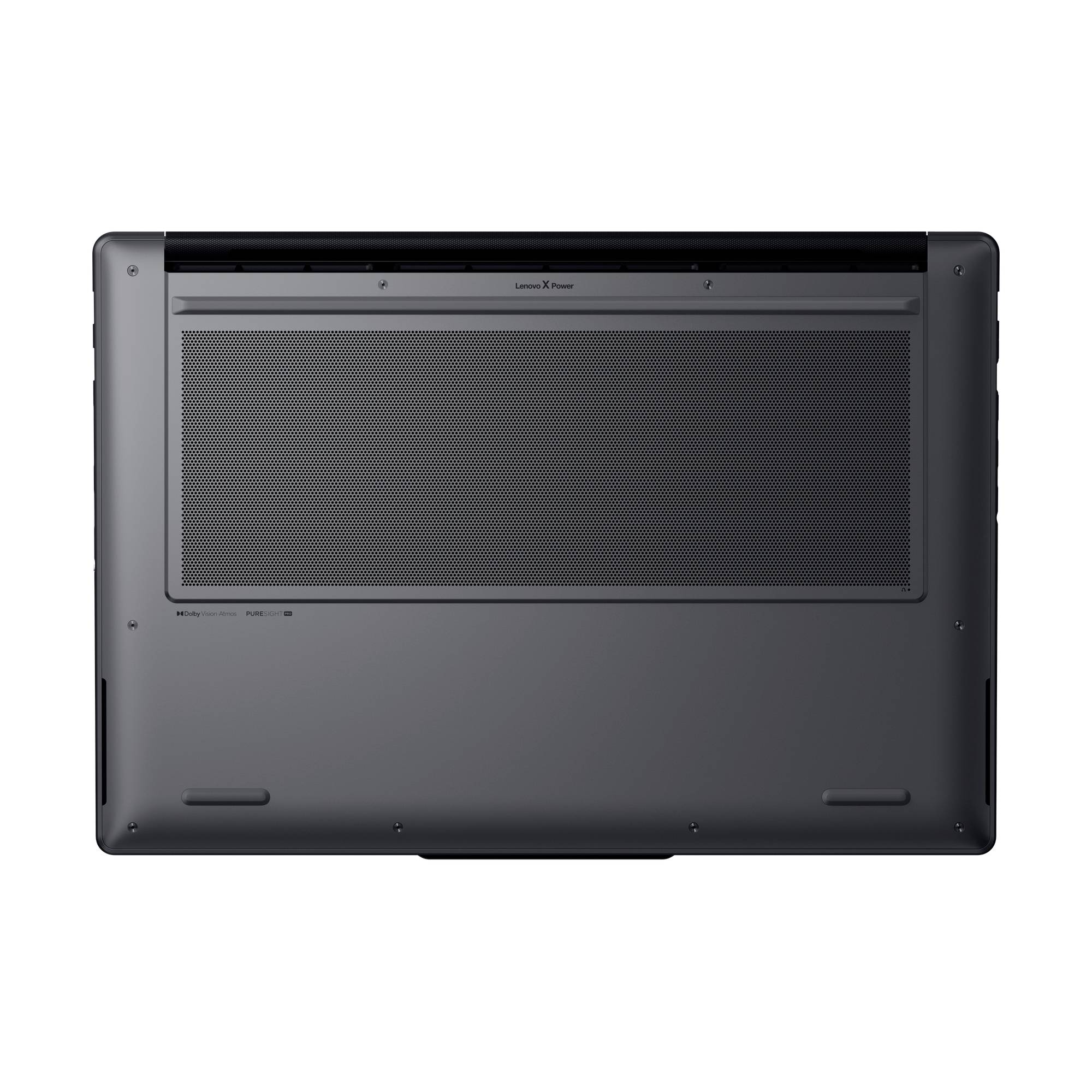 Unteransicht eines schwarzen Laptops, die Lüftungsöffnungen, Schrauben und Gummifüße auf der Unterseite zeigt.