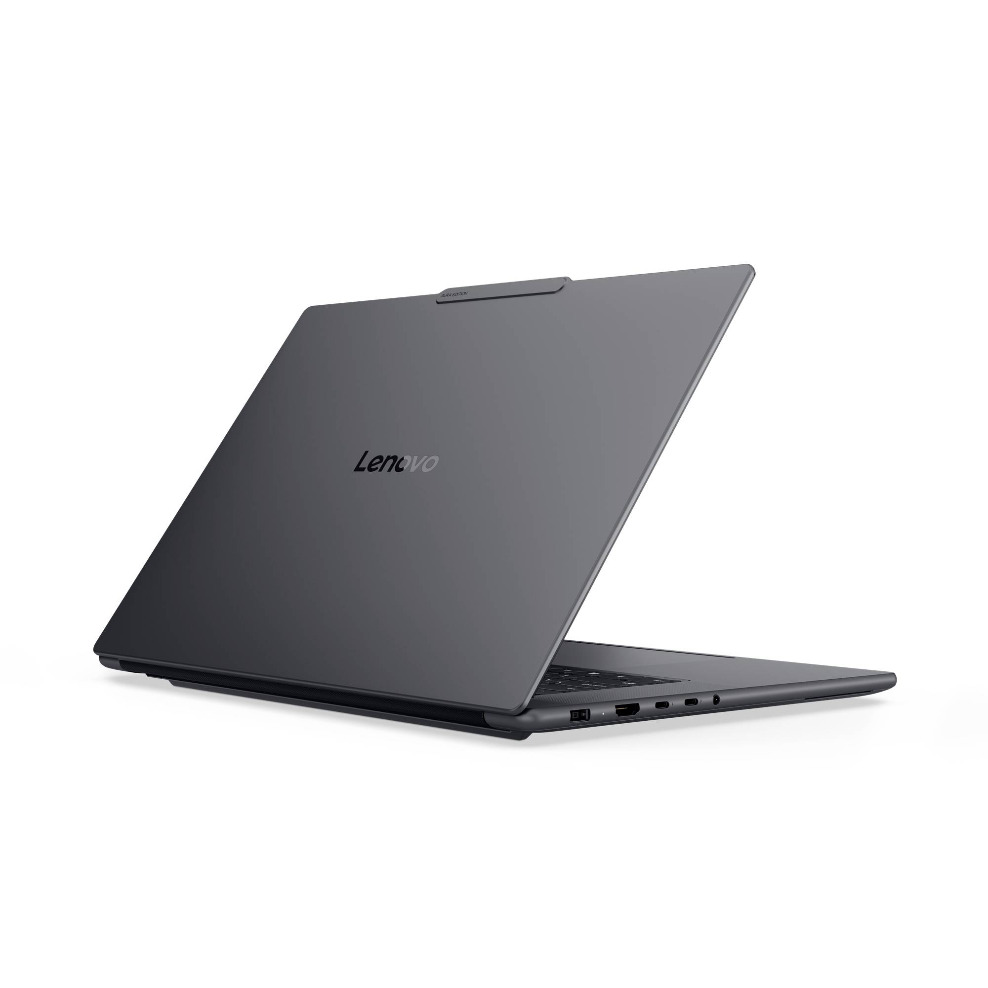 Geschlossener Lenovo-Laptop in Dunkelgrau, teilweise offen auf weißem Hintergrund dargestellt.