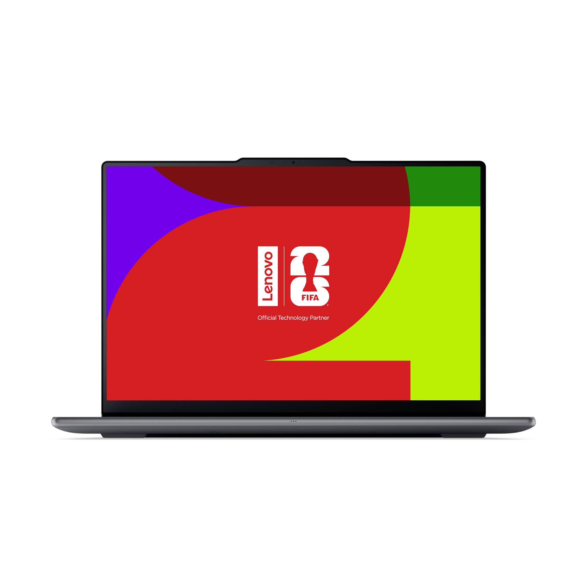 Ein Lenovo-Laptop, der einen farbenfrohen FIFA Official Technology Partner-Bildschirm mit den Lenovo- und FIFA-Logos anzeigt.