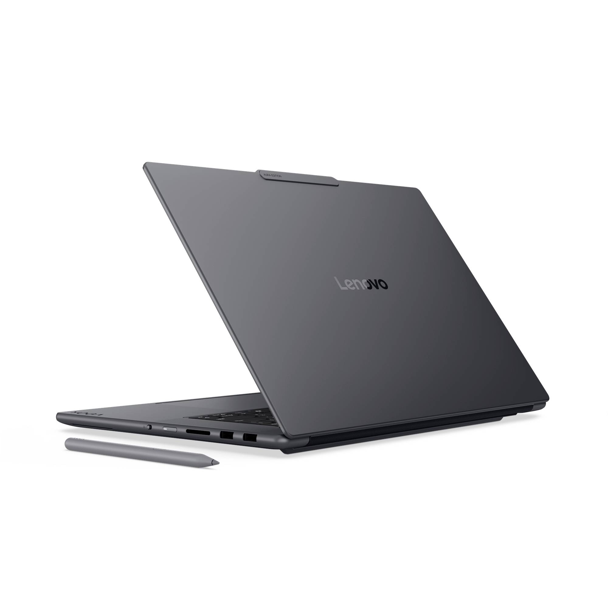 Geschlossenes Lenovo-Laptop in Dunkelgrau mit Stift daneben, gezeigt in einer sauberen produktorientierten Ansicht auf weißem Hintergrund.