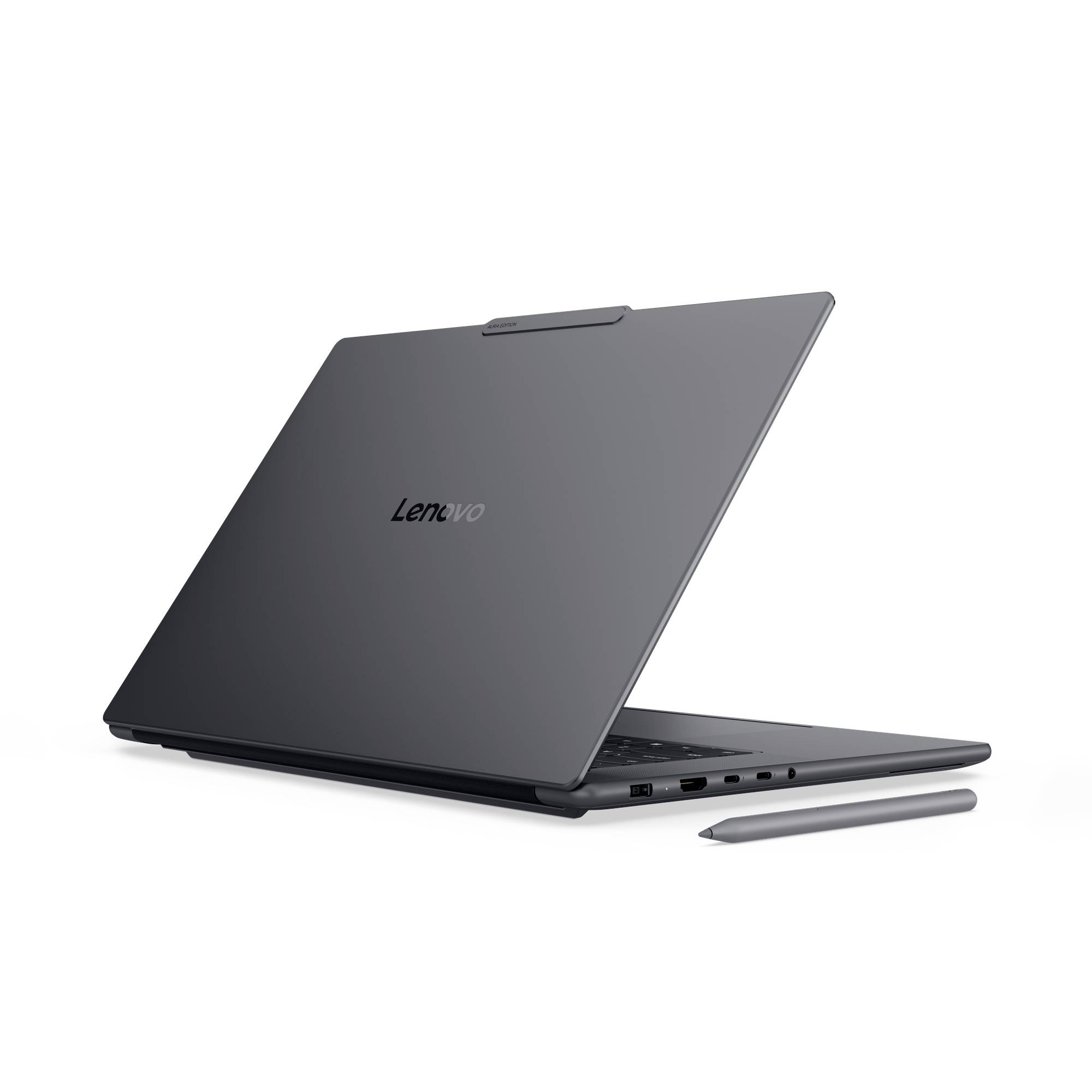Lenovo-Laptop, teilweise geöffnet im Tablet-Modus mit Stylus daneben auf weißem Hintergrund.