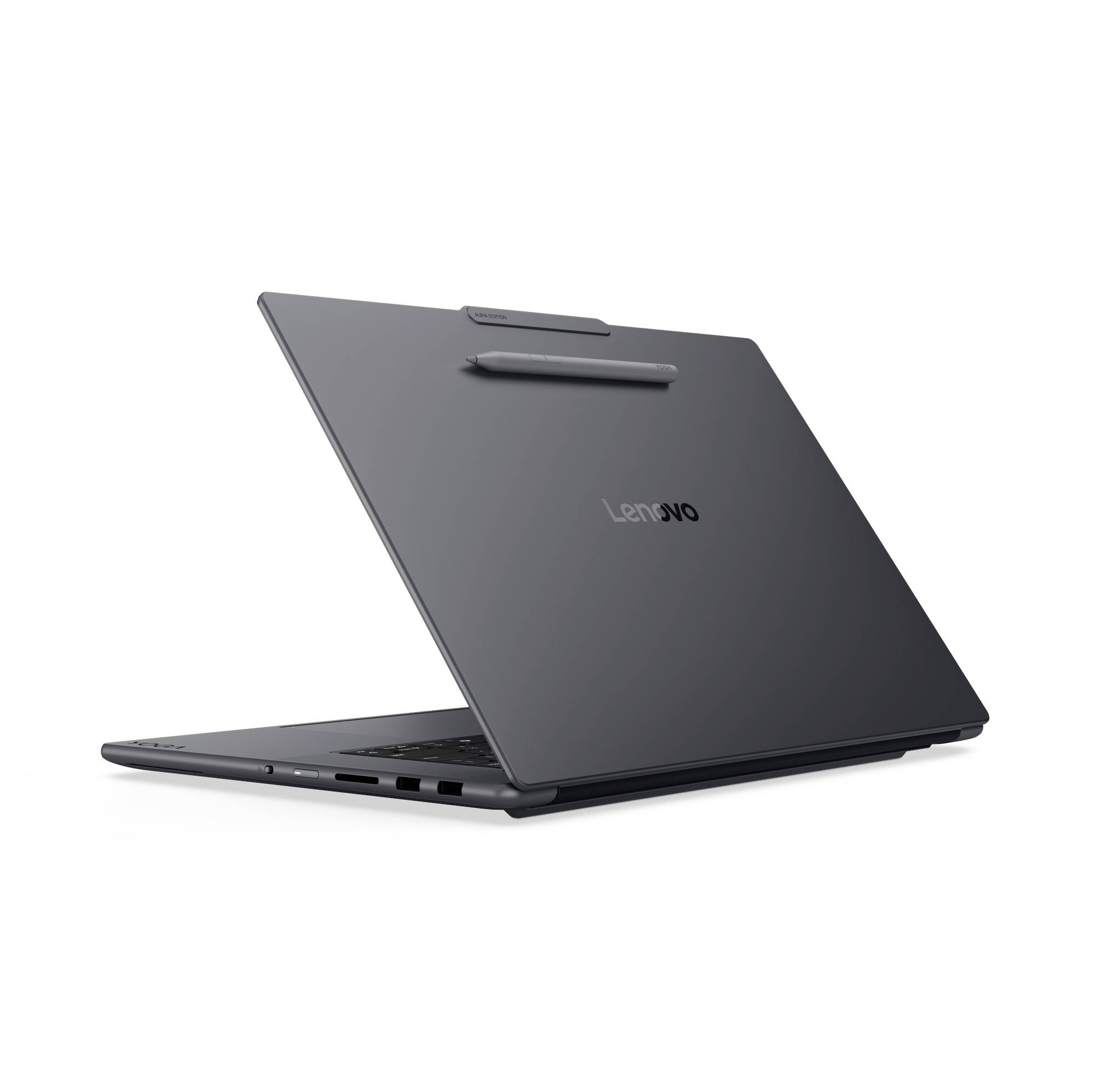 Grauer Lenovo-Laptop, teilweise geöffnet mit hinterem Scharnier und schlankem tabletähnlichem Design auf weißem Hintergrund.