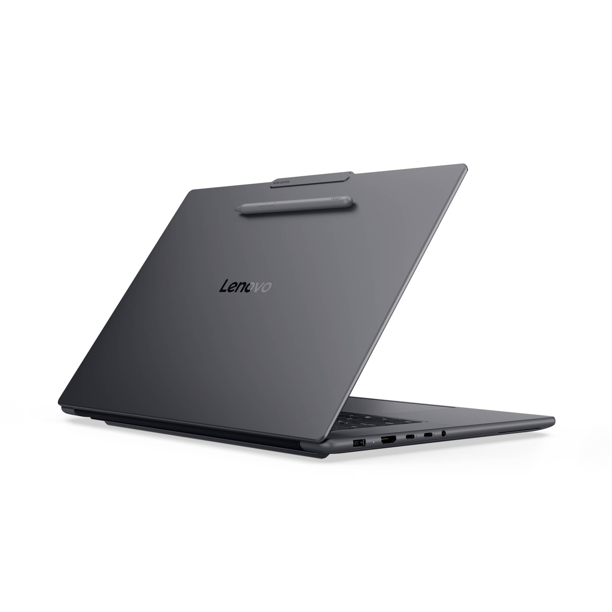 Geschlossener Lenovo-Laptop in Zelt-/Ständerposition auf weißem Hintergrund, zeigt die Rückseite mit dem Lenovo-Logo und sichtbaren Seitenports.