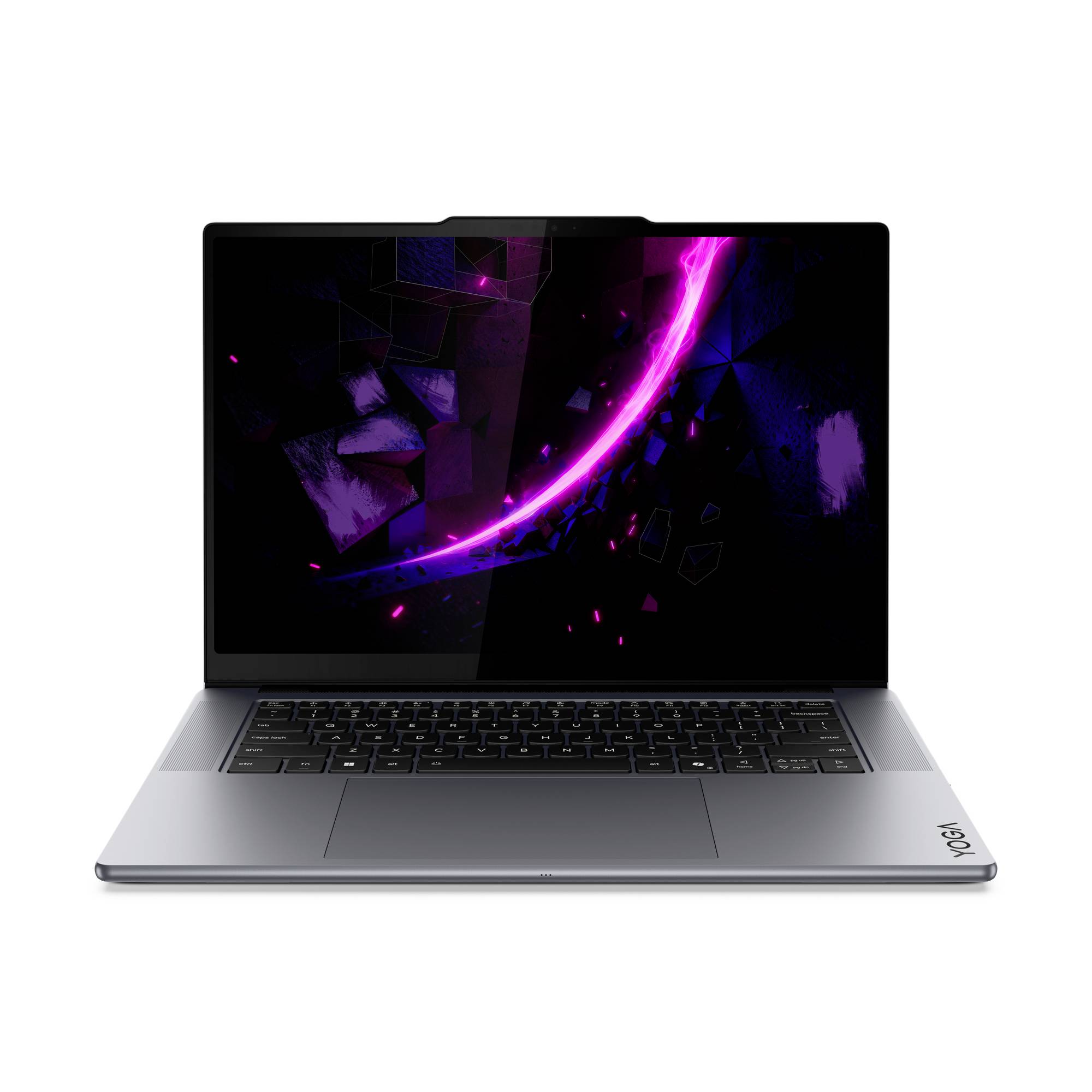 Silberner Laptop mit schwarzem Bildschirm, auf dem ein abstrakter violetter Neon-Bogen auf dunklem Hintergrund angezeigt wird.
