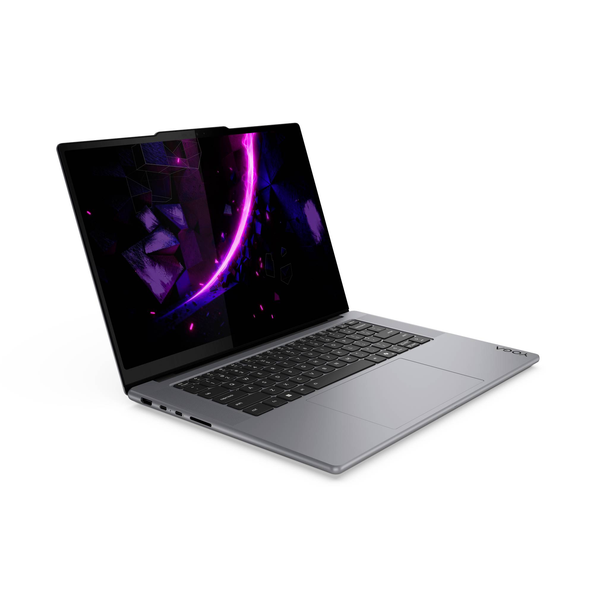 Silberner Laptop mit dunklem Bildschirm, auf dem eine lila abstrakte Neon-Tapete auf weißem Hintergrund angezeigt wird.