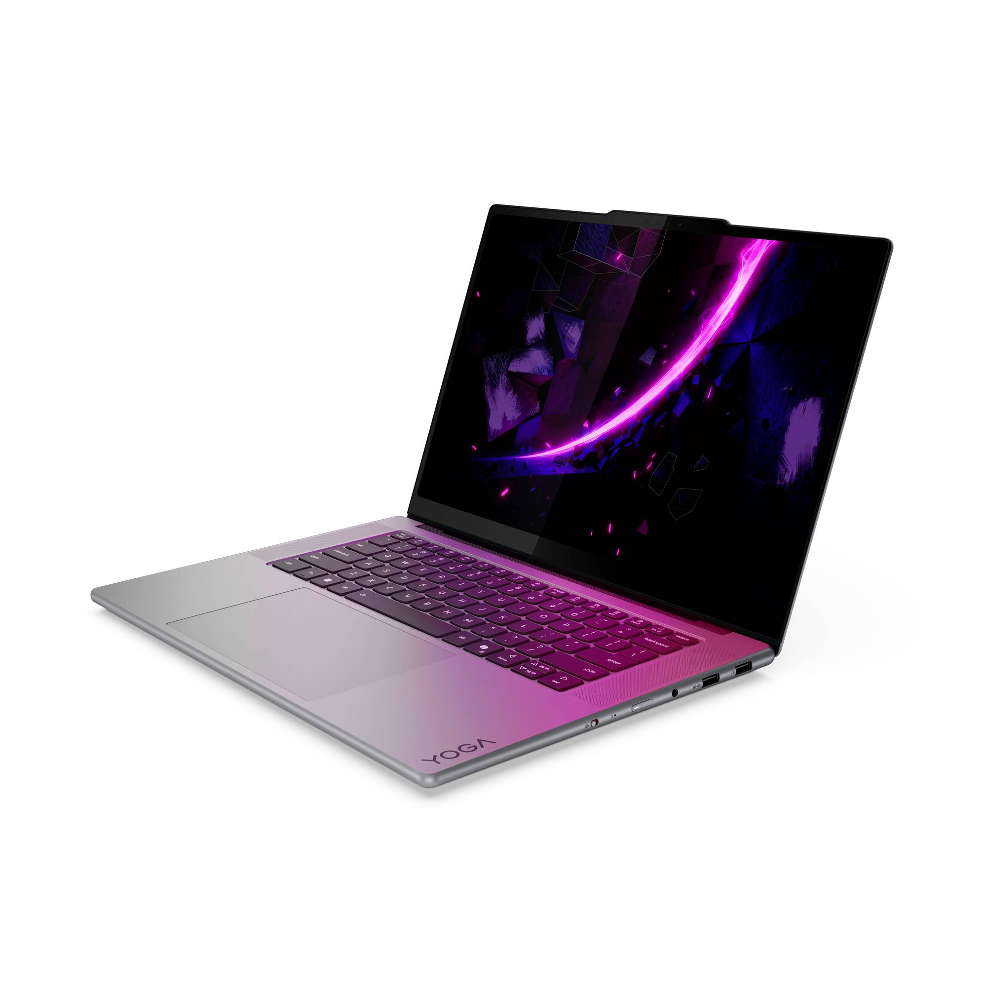 Silberner Lenovo Yoga Laptop in einem Winkel geöffnet, zeigt eine violette abstrakte Tapete auf dem Bildschirm.