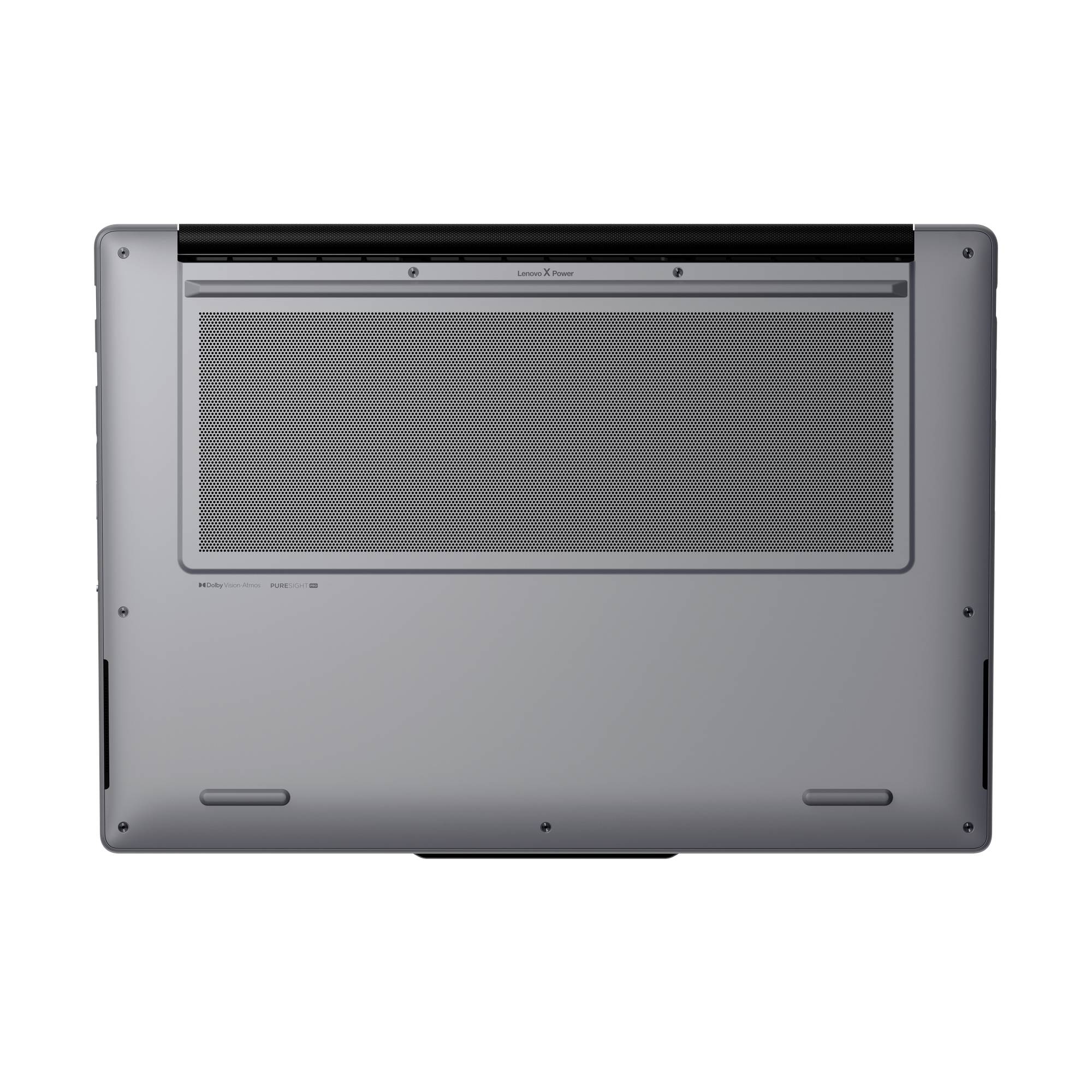 Unteransicht eines geschlossenen silbernen Laptops, die das große Lüftungsgitter und die Gummifüße zeigt.