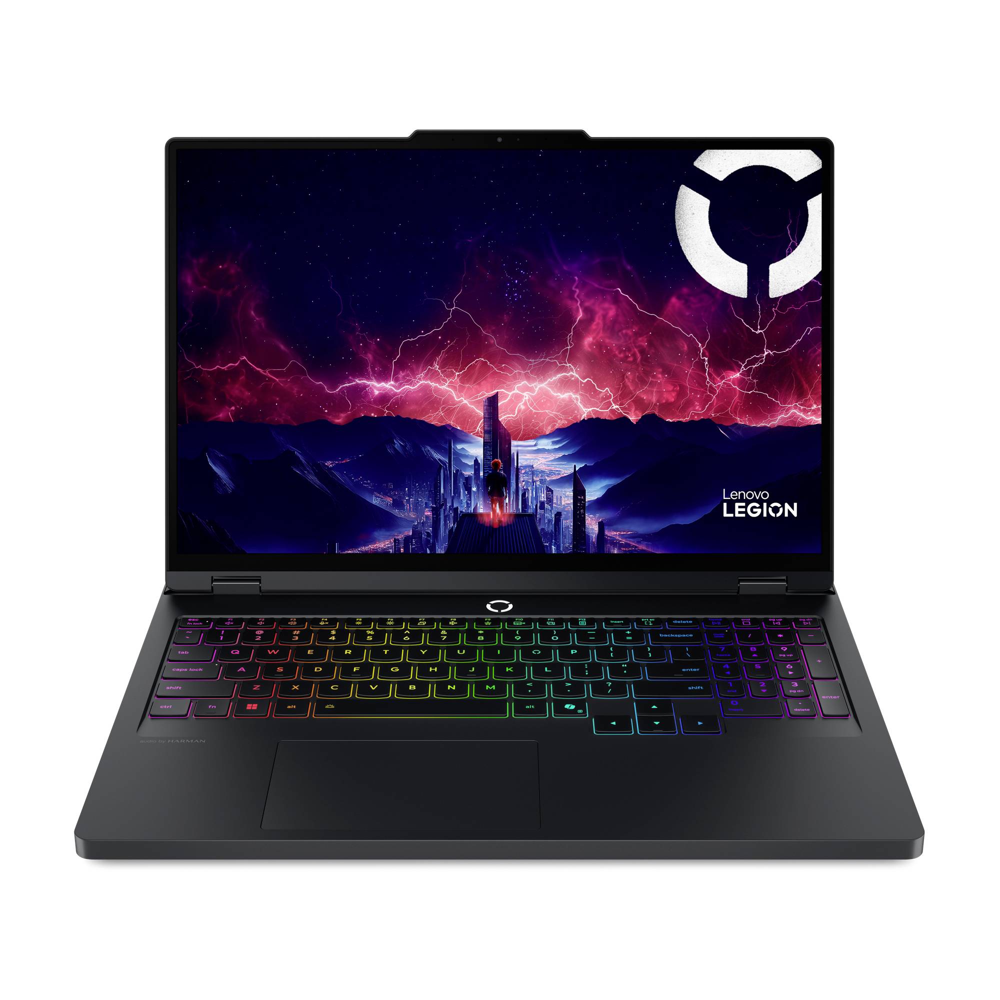 Ein geöffneter Lenovo Legion Gaming-Laptop mit einer farbenfrohen RGB-beleuchteten Tastatur und einem lebendigen Science-Fiction-Hintergrundbild auf dem Display.