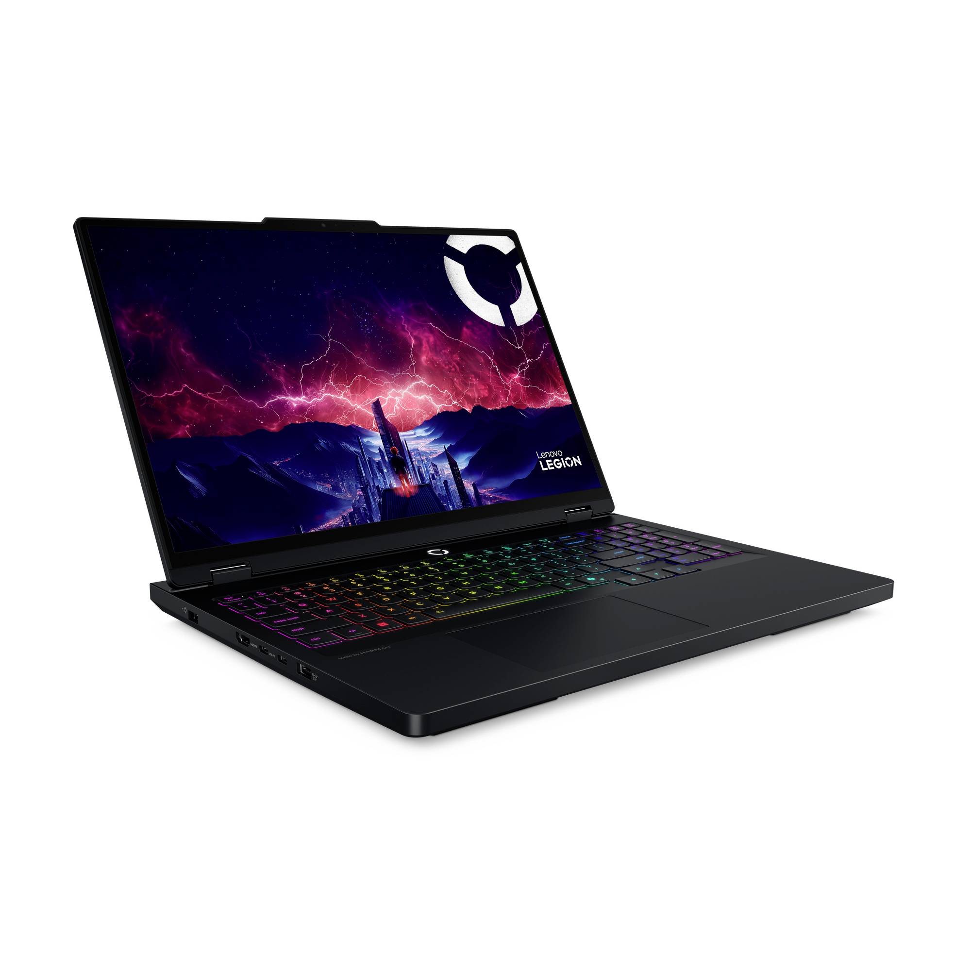 Schwarzer Lenovo Legion Gaming-Laptop mit RGB-Tastatur und lebendiger purpur-roter Science-Fiction-Wallpaper auf dem Bildschirm.