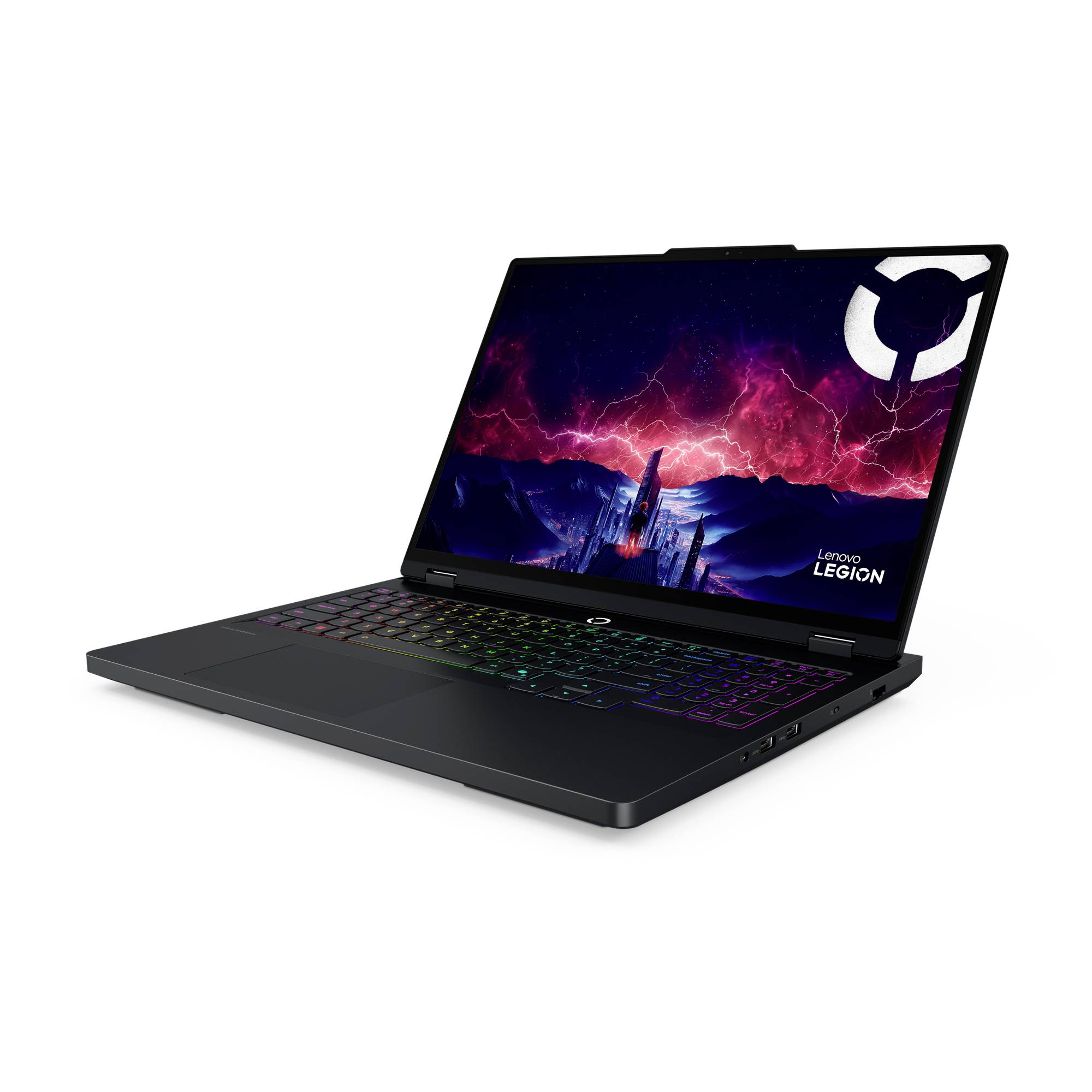 Schwarzer Lenovo Legion Gaming-Laptop in einem Winkel geöffnet, mit einer regenbogenbeleuch­teter Tastatur und einem lebendigen rot-violetten abstrakten Hintergrund­bild auf dem Display.