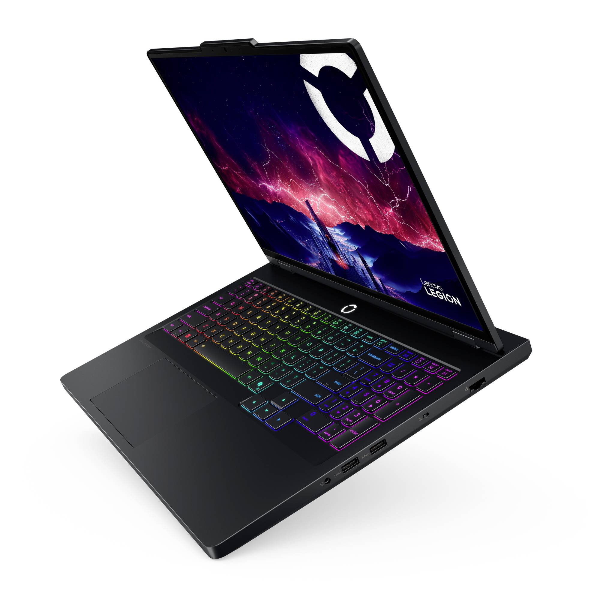 Offener Lenovo Legion Gaming-Laptop mit regenbogenfarbig beleuchteter Tastatur und Science-Fiction-Hintergrundbild auf dem Bildschirm