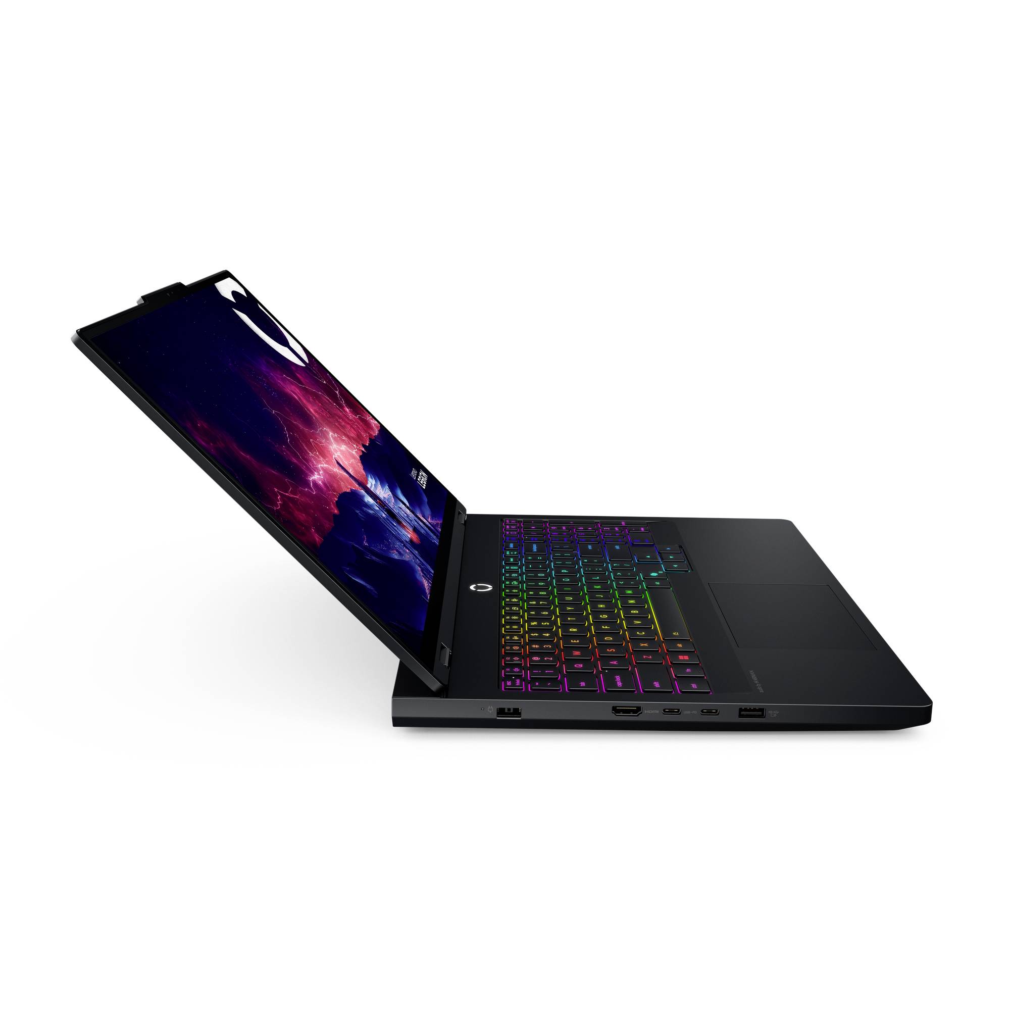 Offenes Gaming-Laptop mit regenbogenfarbig hintergrundbeleuchteter Tastatur und vom Sockel nach oben geneigtem Display.
