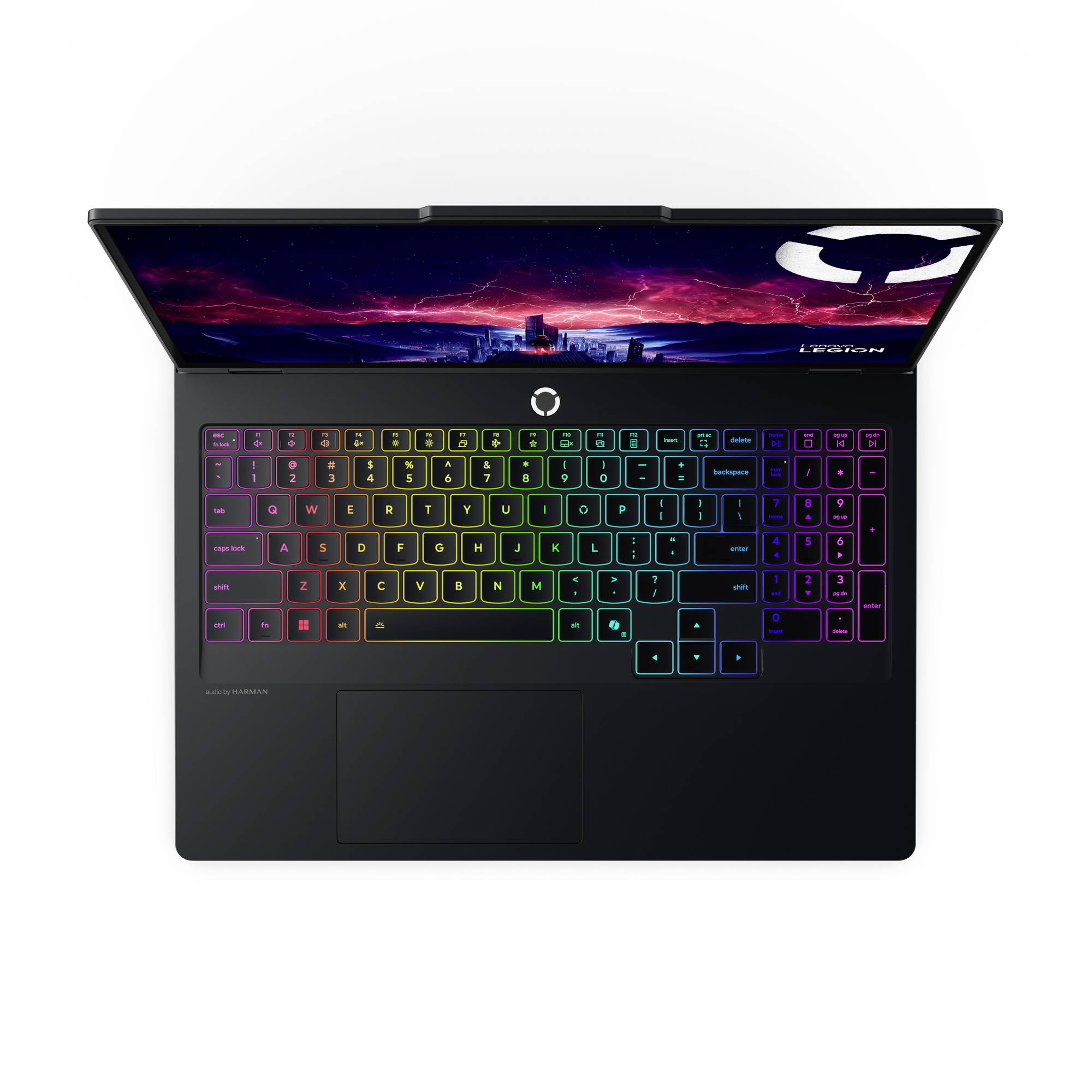 Aufgeklappter Alienware-Laptop von oben mit regenbogenfarbig hinterleuchteteter Tastatur und einem Bildschirm, der ein futuristisches Stadt-Hintergrundbild und das Alienware-Logo anzeigt