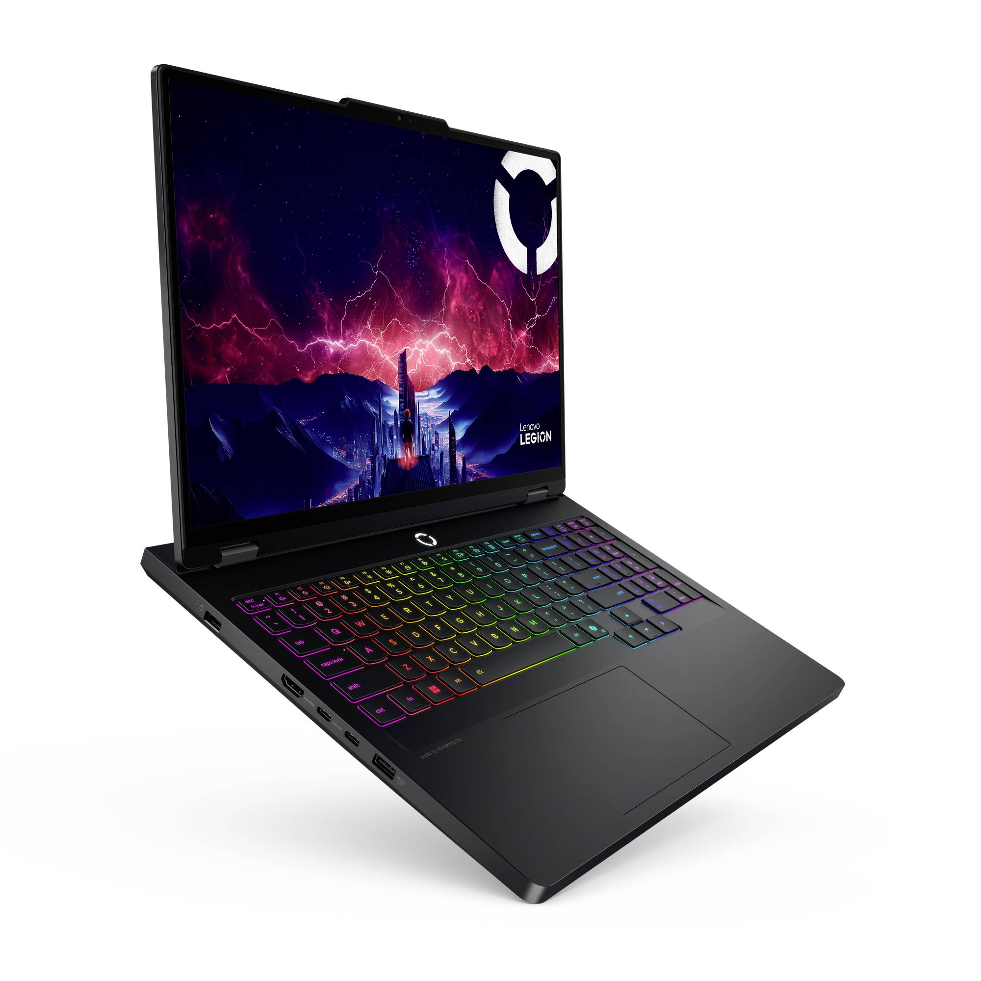 Schwarzer Lenovo Legion Gaming-Laptop in einem Winkel geöffnet, mit einer regenbogenfarbig beleuchteten Tastatur und einem lebendigen Fantasy-Stil-Bildschirm mit dem Legion-Logo.