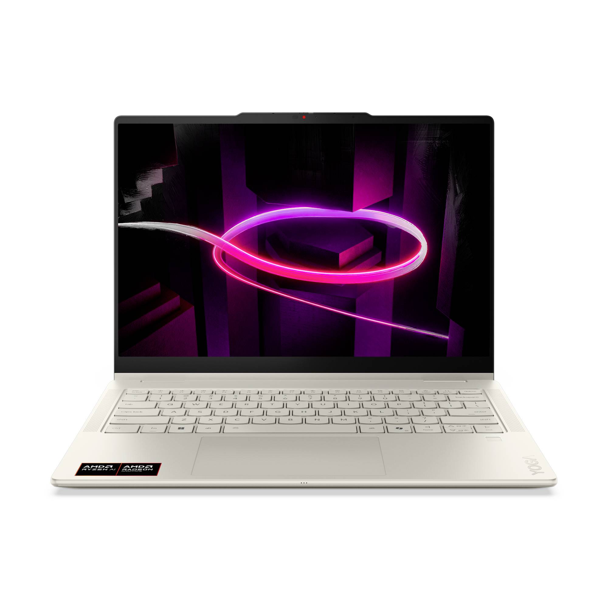 Silberner Laptop mit leuchtend rosa Neon-Wirbel-Hintergrund auf dem Bildschirm, aufgeklappt vor einem einfachen weißen Hintergrund dargestellt.