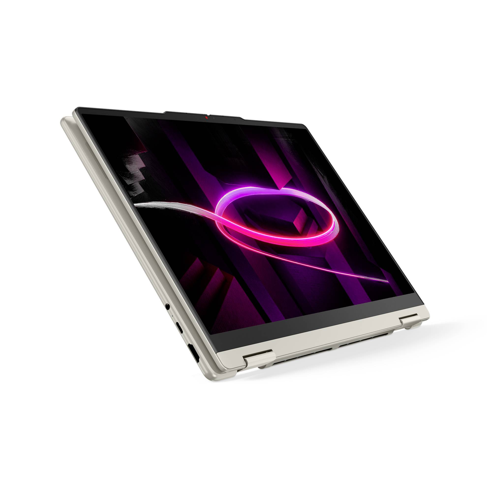 Silberner 2-in-1-Laptop/Tablet, aufgeklappt in einem Winkel dargestellt, zeigt auf dem Bildschirm ein dunkles abstraktes Hintergrundbild in Neonpink und Lila.