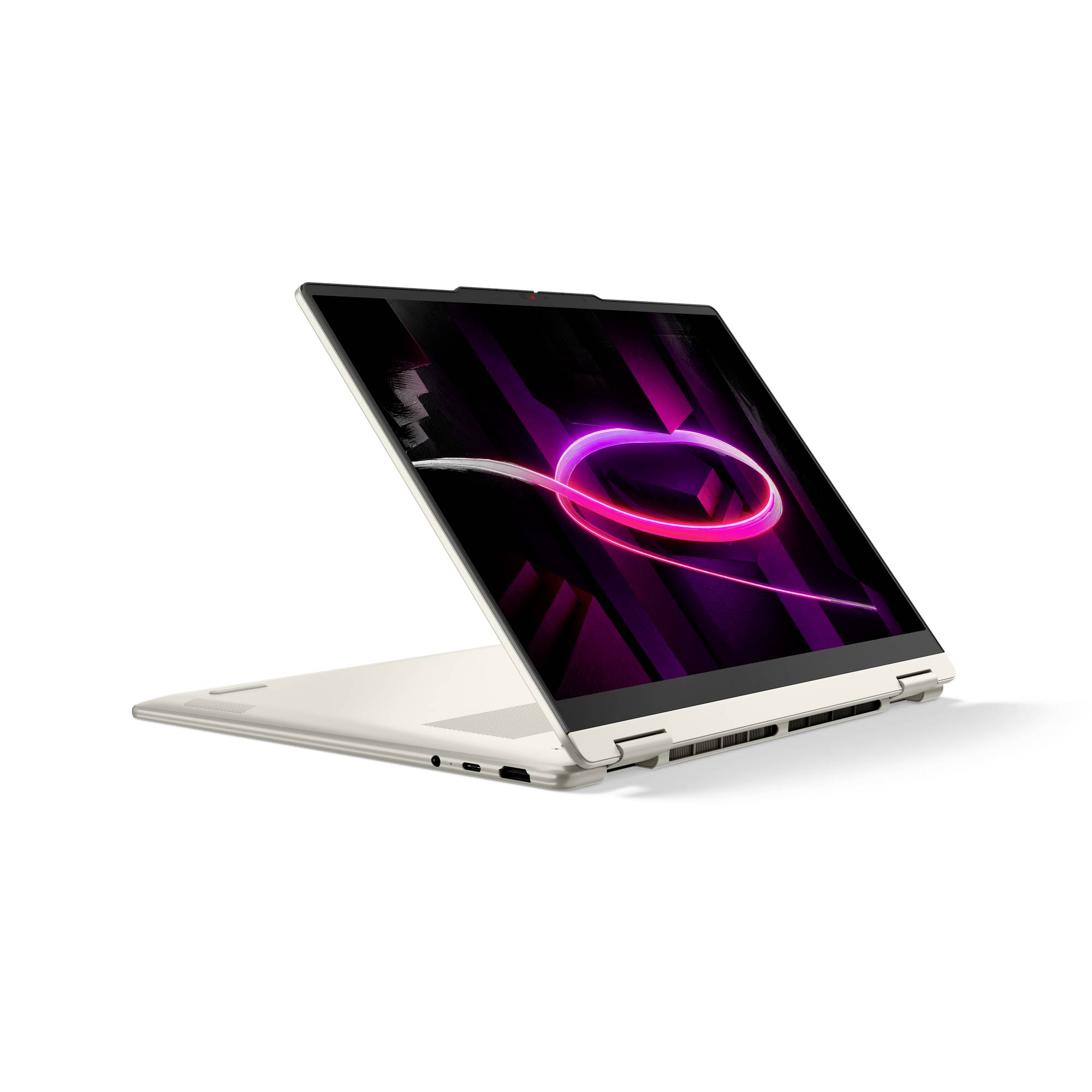 Weißer 2-in-1-Laptop im Zeltmodus angezeigt mit leuchtendem violettem abstraktem Bildschirm auf einfarbigem weißem Hintergrund.