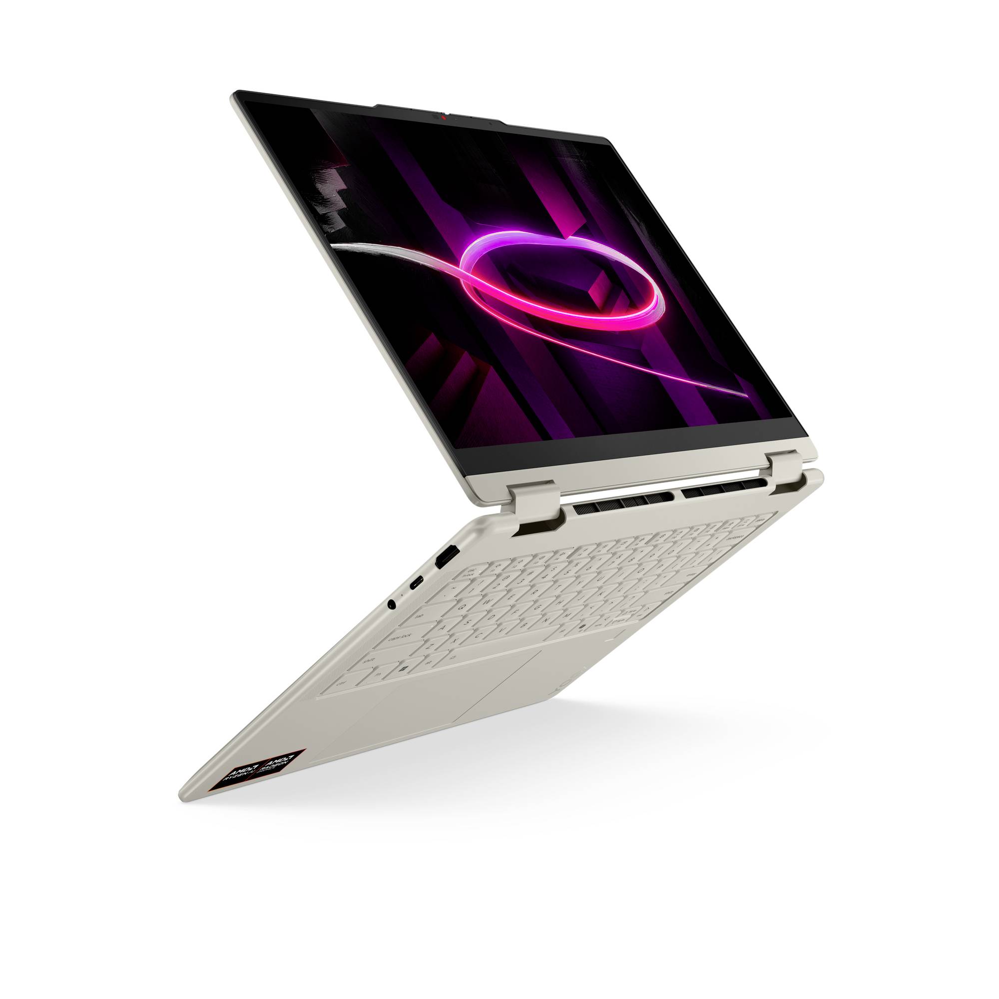 Weißer 2-in-1-Laptop, in Tablet-Modus geöffnet, angewinkelt auf weißem Hintergrund mit violettem abstraktem Display.