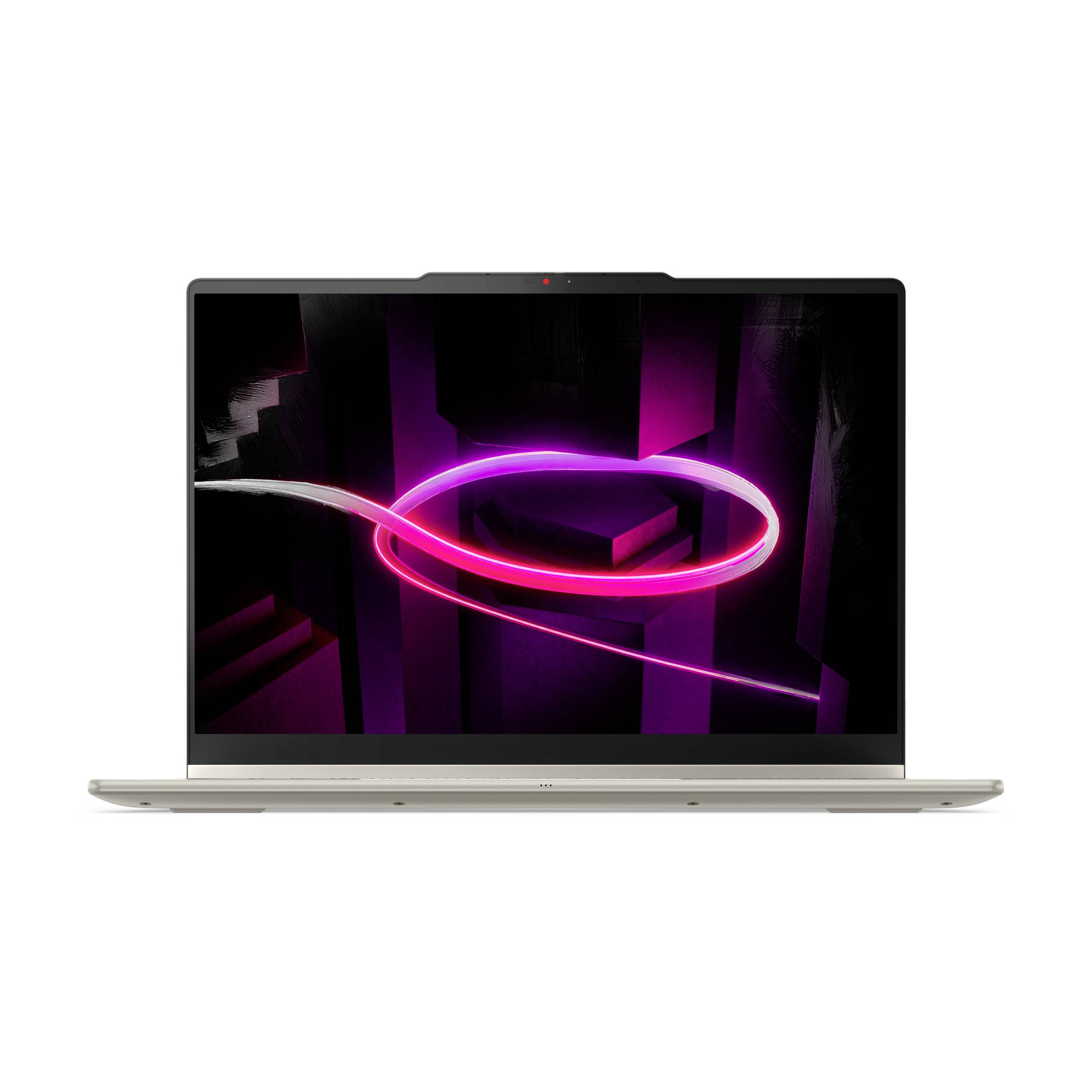 Silberner Laptop mit abstraktem Neon-Pink- und Violett-Lichtring-Hintergrundbild auf schwarzem Bildschirm vor weißem Hintergrund.