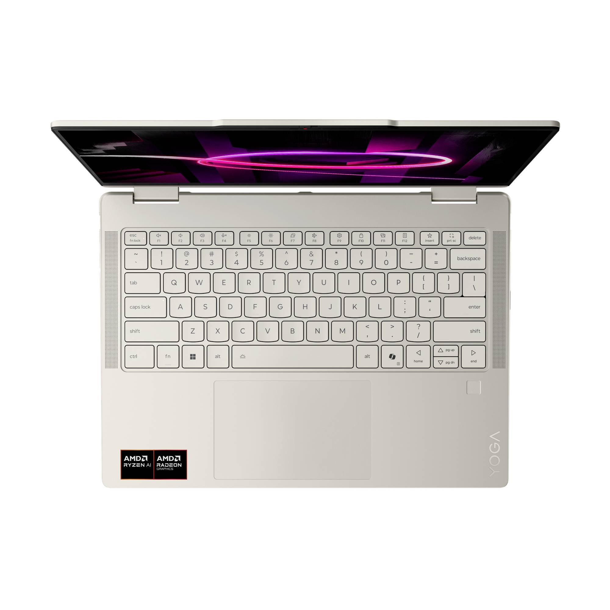 Offener silberner Laptop von oben betrachtet, zeigt Tastatur und Trackpad mit abstraktem violettem Bildschirm.