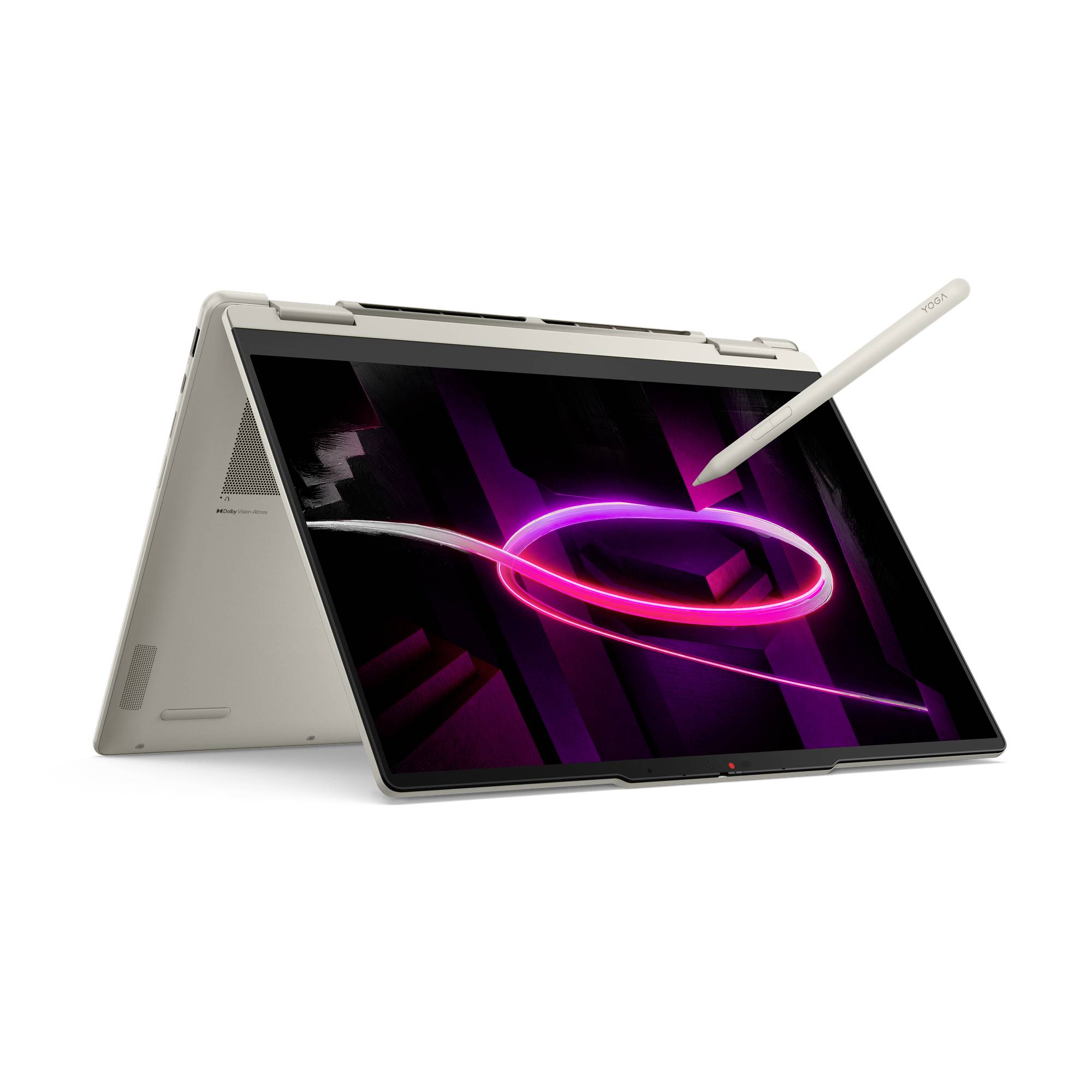 Laptop mit 2-in-1-Funktion im Zeltmodus mit Touchscreen und Stylus, der über ein fluoreszierendes abstraktes Display schwebt