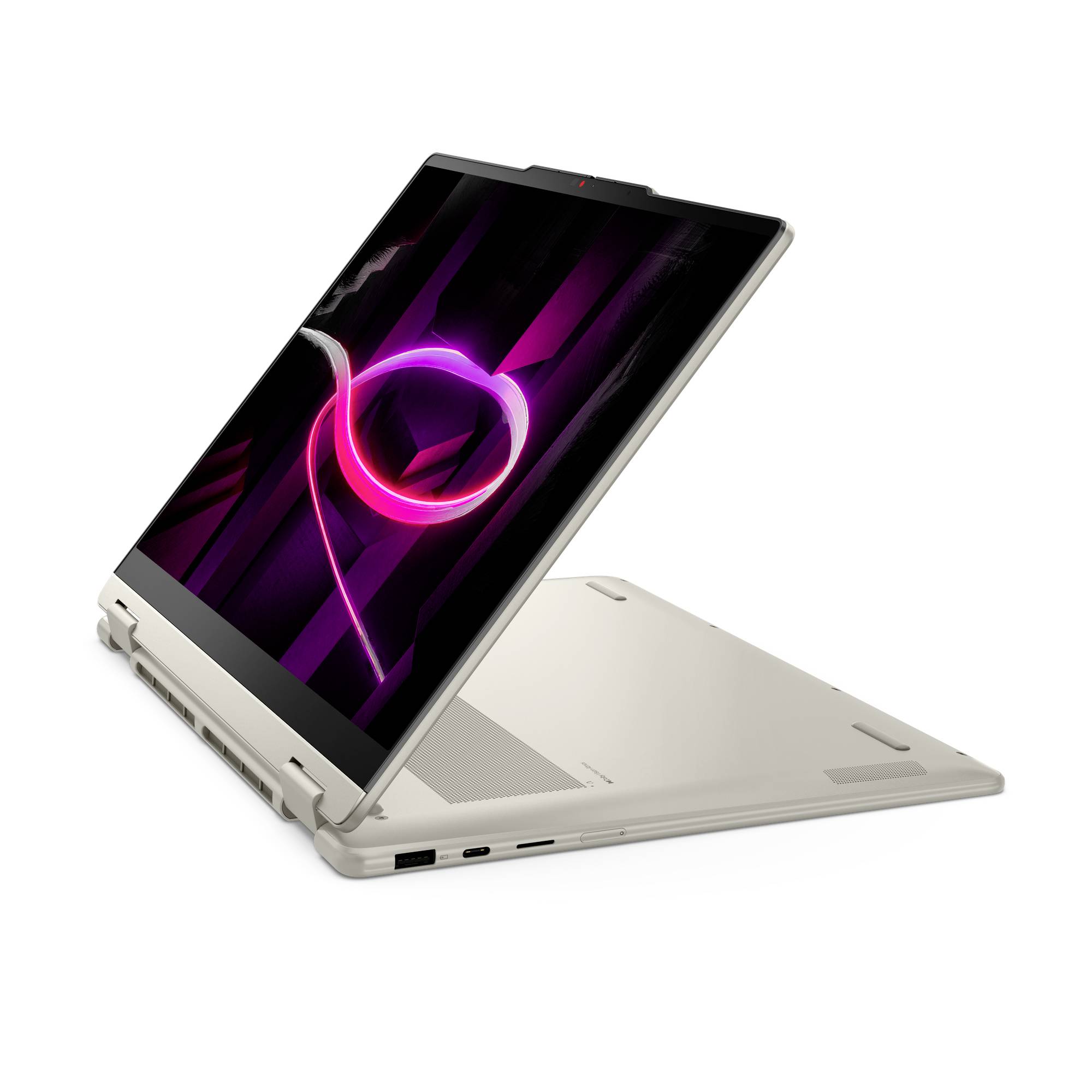 Ein silberner 2-in-1-Laptop im Zeltmodus mit einem leuchtenden lila abstrakten Hintergrundbild auf dem Bildschirm.