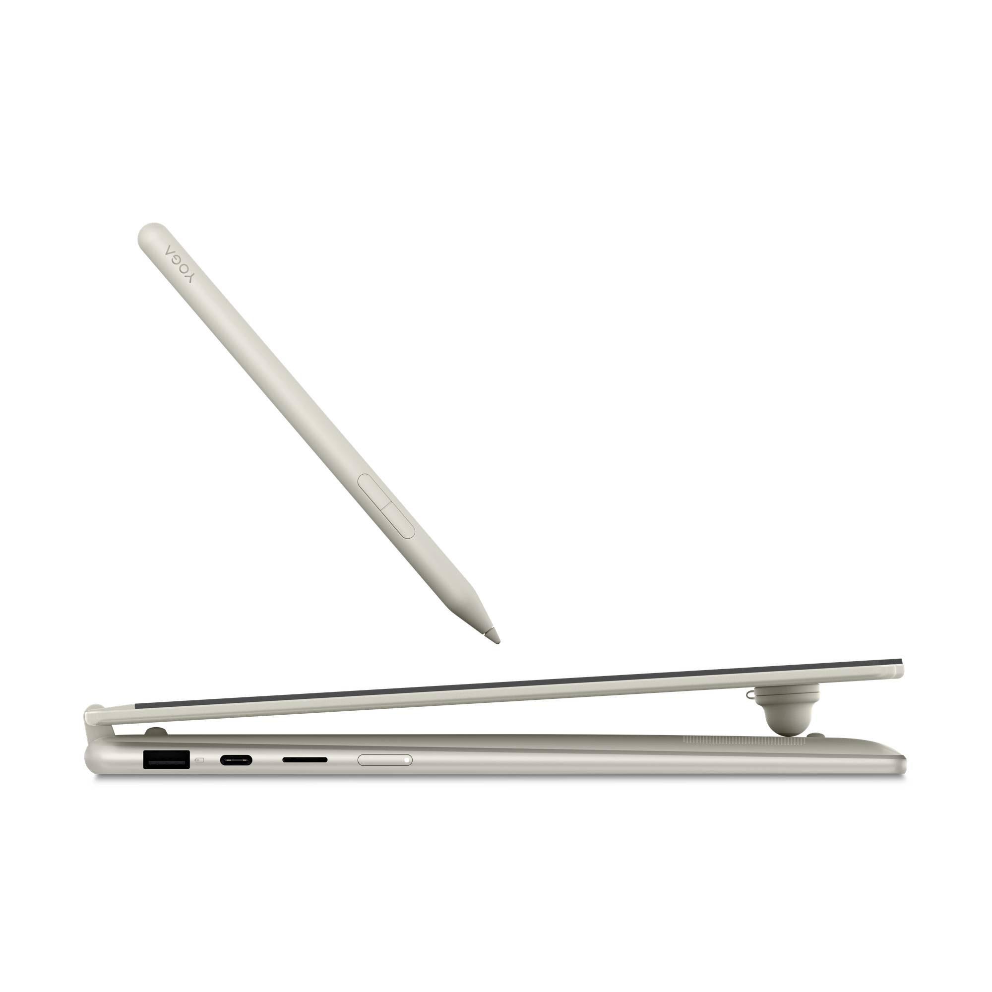 Weißer Stylus, der über einem dünnen Tablet oder Laptop in der Seitenansicht schwebt, zeigt das schlanke Profil des Geräts und die Scharnierunterstützung.