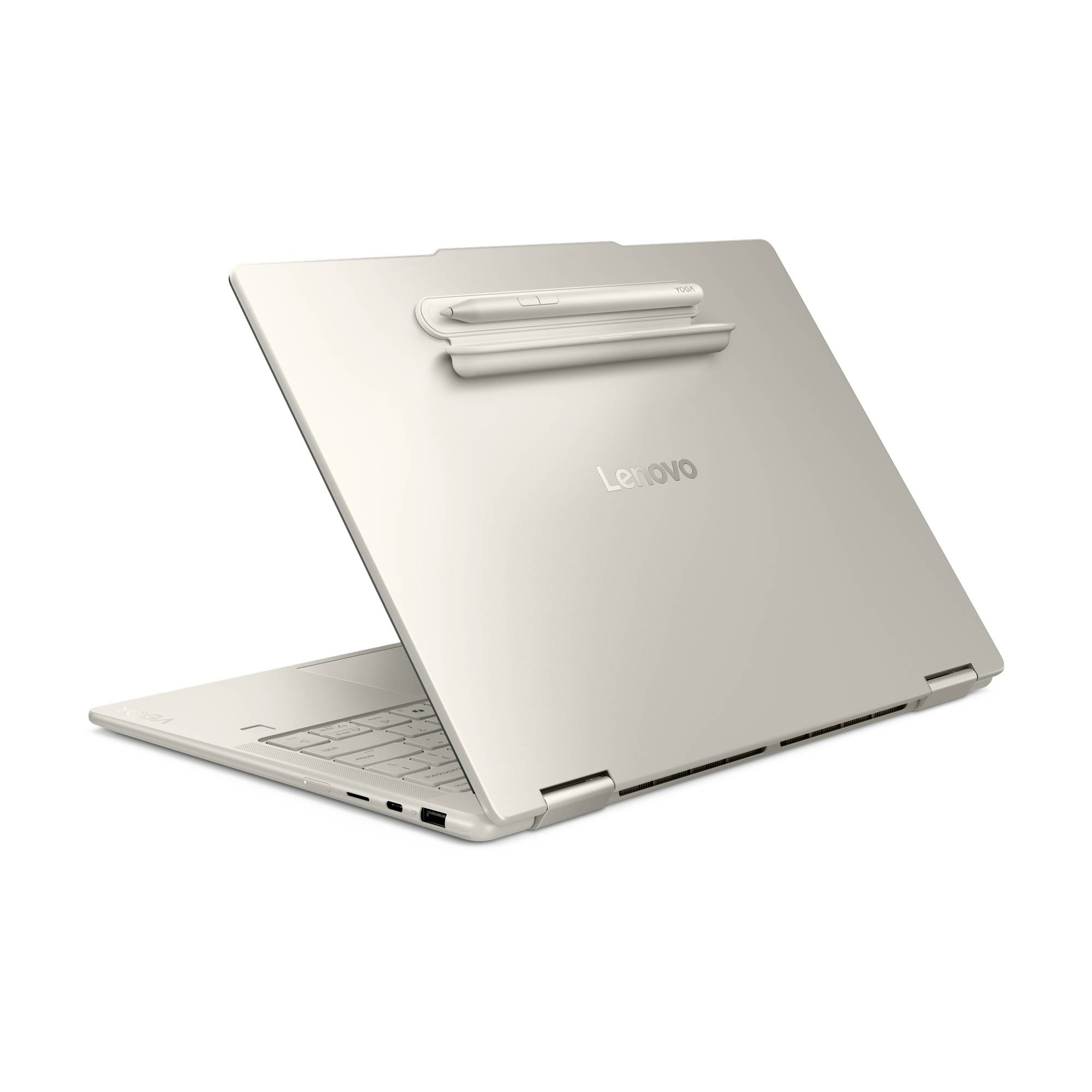 Silberner Lenovo 2-in-1-Laptop, teilweise im Zeltmodus gefaltet, mit sichtbarem Scharnier an der Rückseite und Tastatur auf weißem Hintergrund.